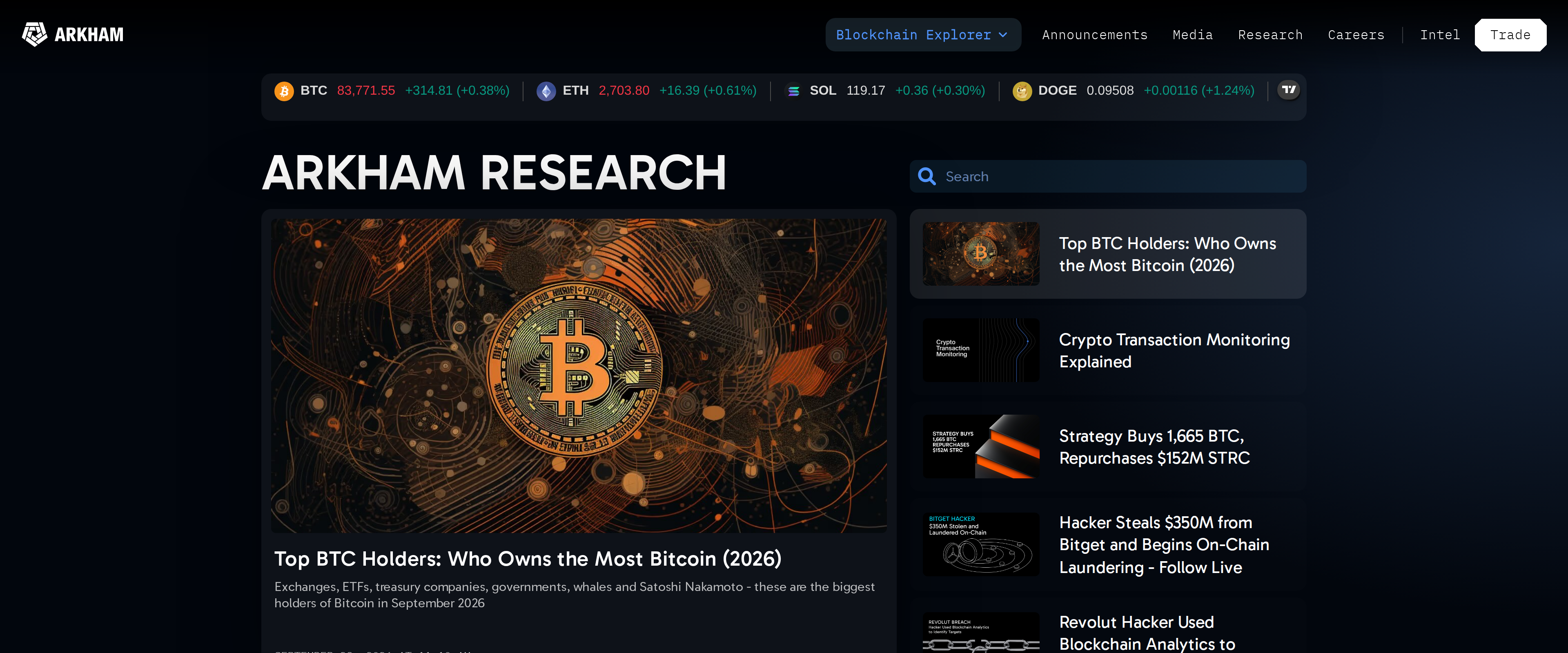 Arkham Research page headline listing exchanges, ETFs, treasury companies, governments, whales and Satoshi Nakamoto as the biggest Bitcoin holders in September 2026