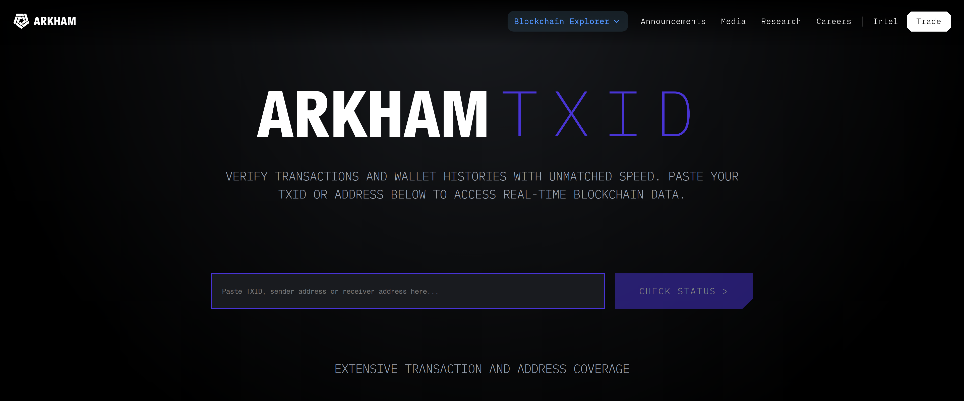 Arkham TXID tool asking a visitor to paste a TXID, sender address or receiver address for a real-time check