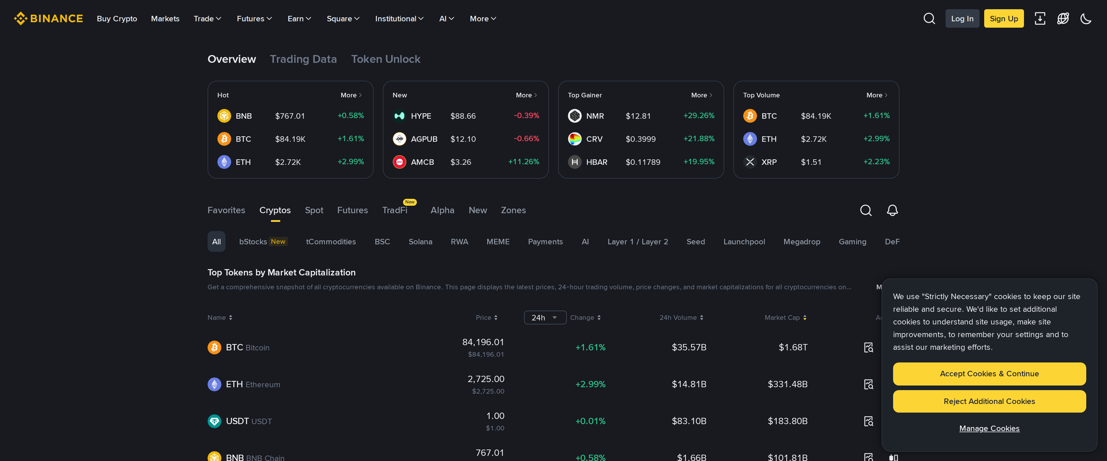 Binance market overview page listing cryptocurrency prices, 24-hour volume and price changes across hundreds of coins