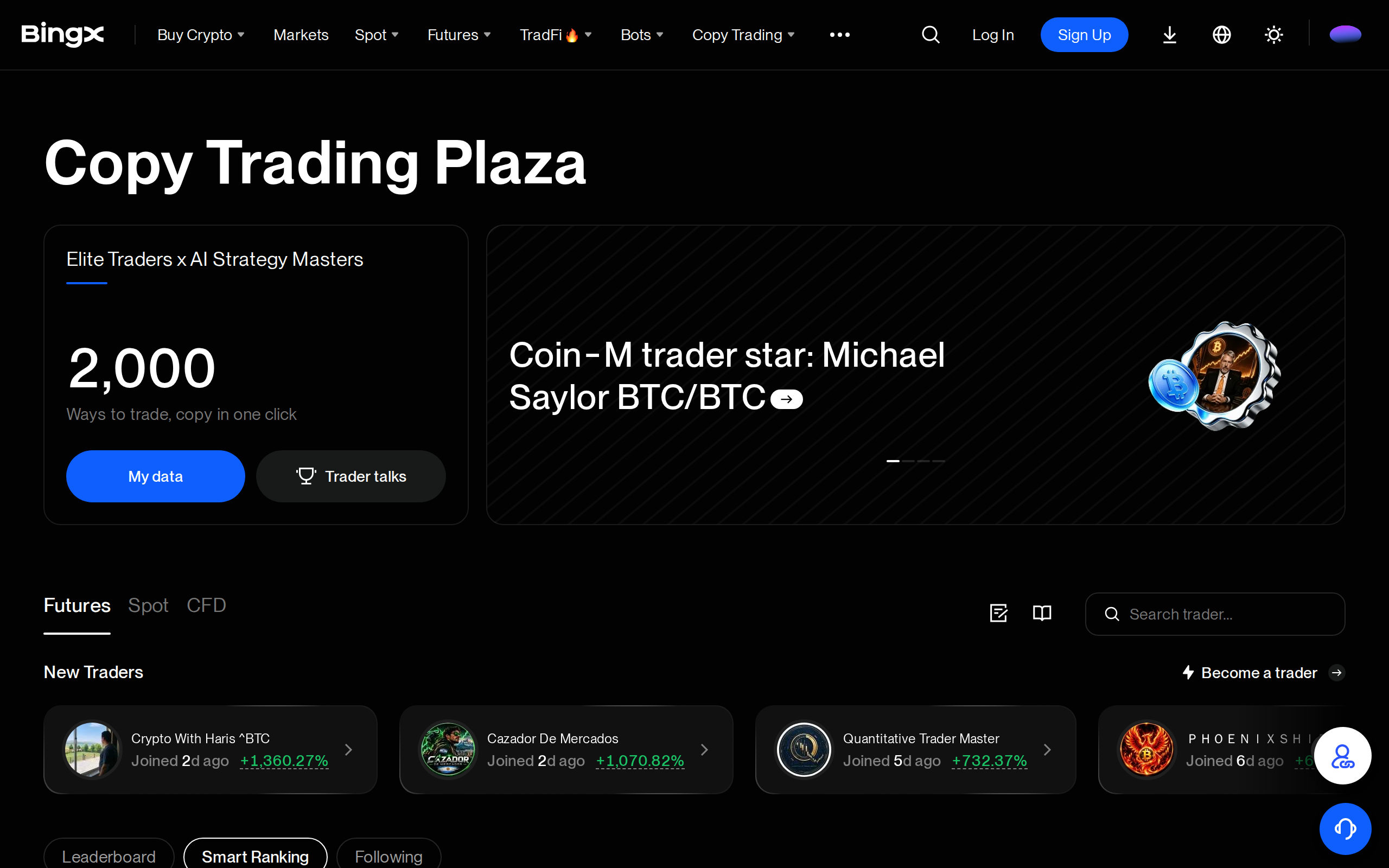 BingX's Copy Trading Plaza page listing New Traders on its leaderboard
