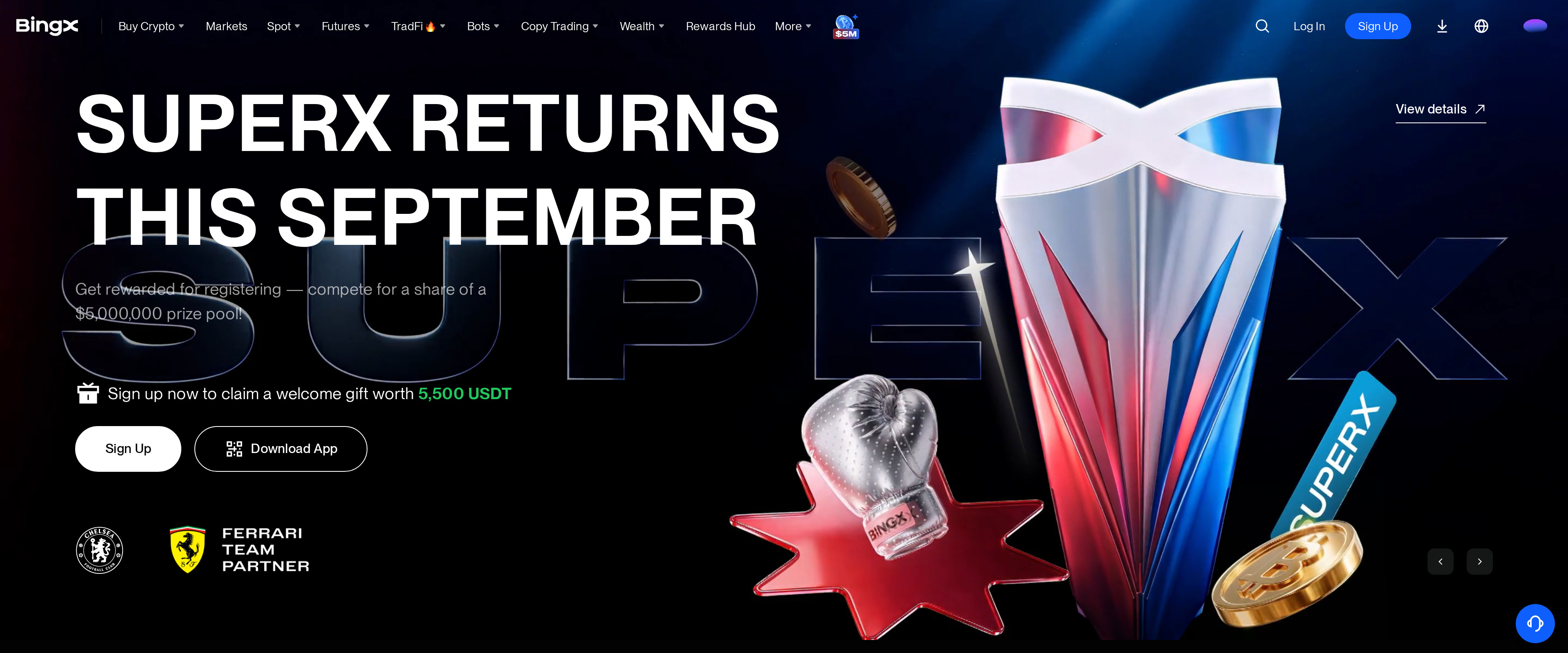 BingX's dark homepage promoting SuperX Returns This September with a 5,000,000 USDT prize pool and a 5,500 USDT welcome gift