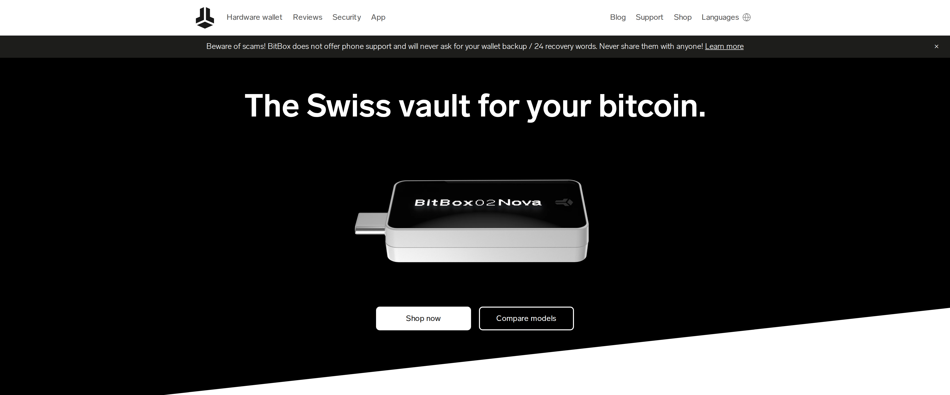 BitBox homepage with the headline The Swiss vault for your bitcoin, alongside a scam warning about phone support
