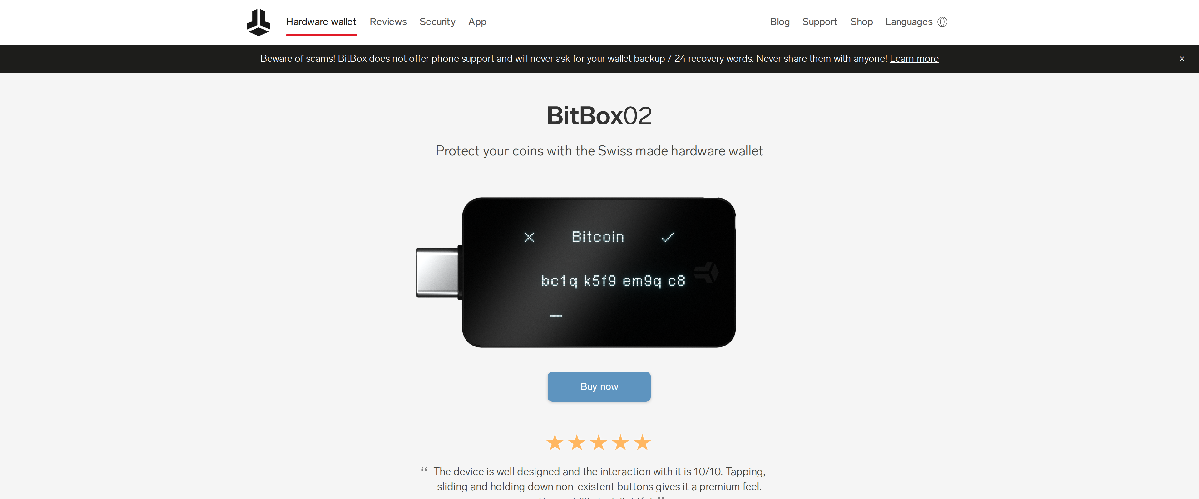 BitBox02 product page showing the verify transaction screen on the device