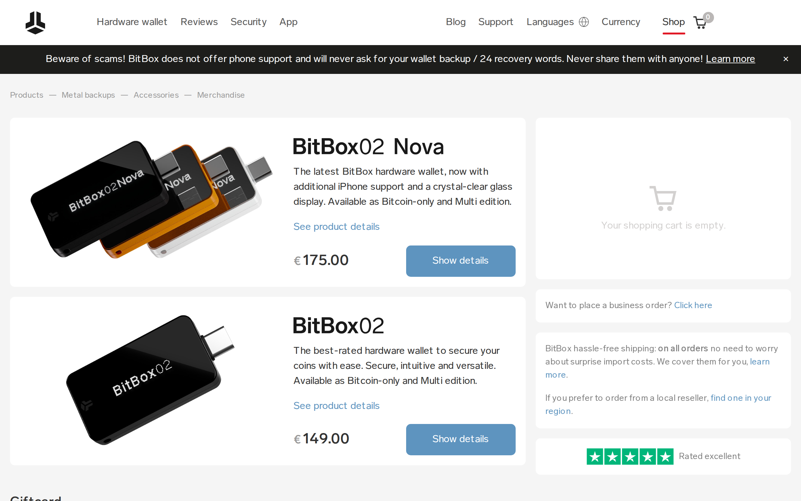 BitBox shop listing showing the Nova at 175 euros in three colors, next to the base BitBox02 at 149 euros