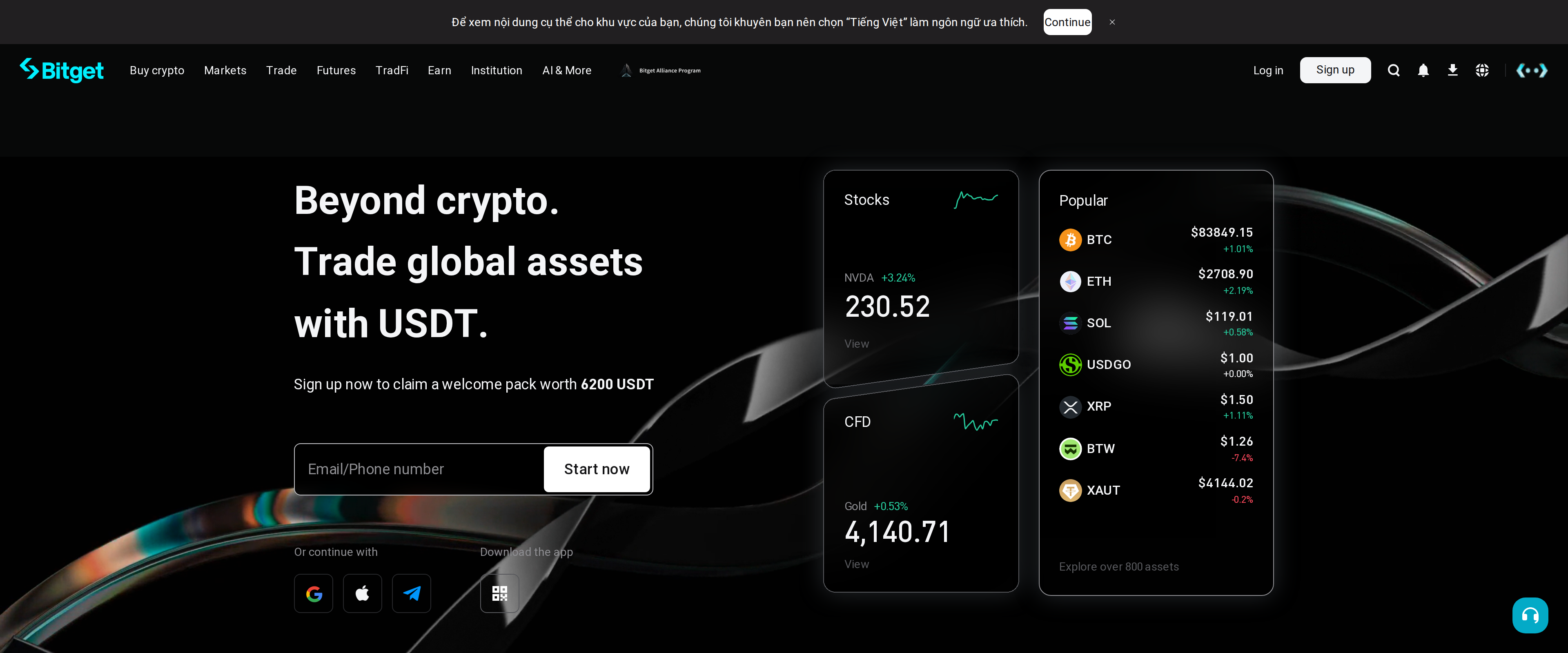 Bitget homepage headline reading Beyond crypto, trade global assets with USDT, with live BTC and ETH prices