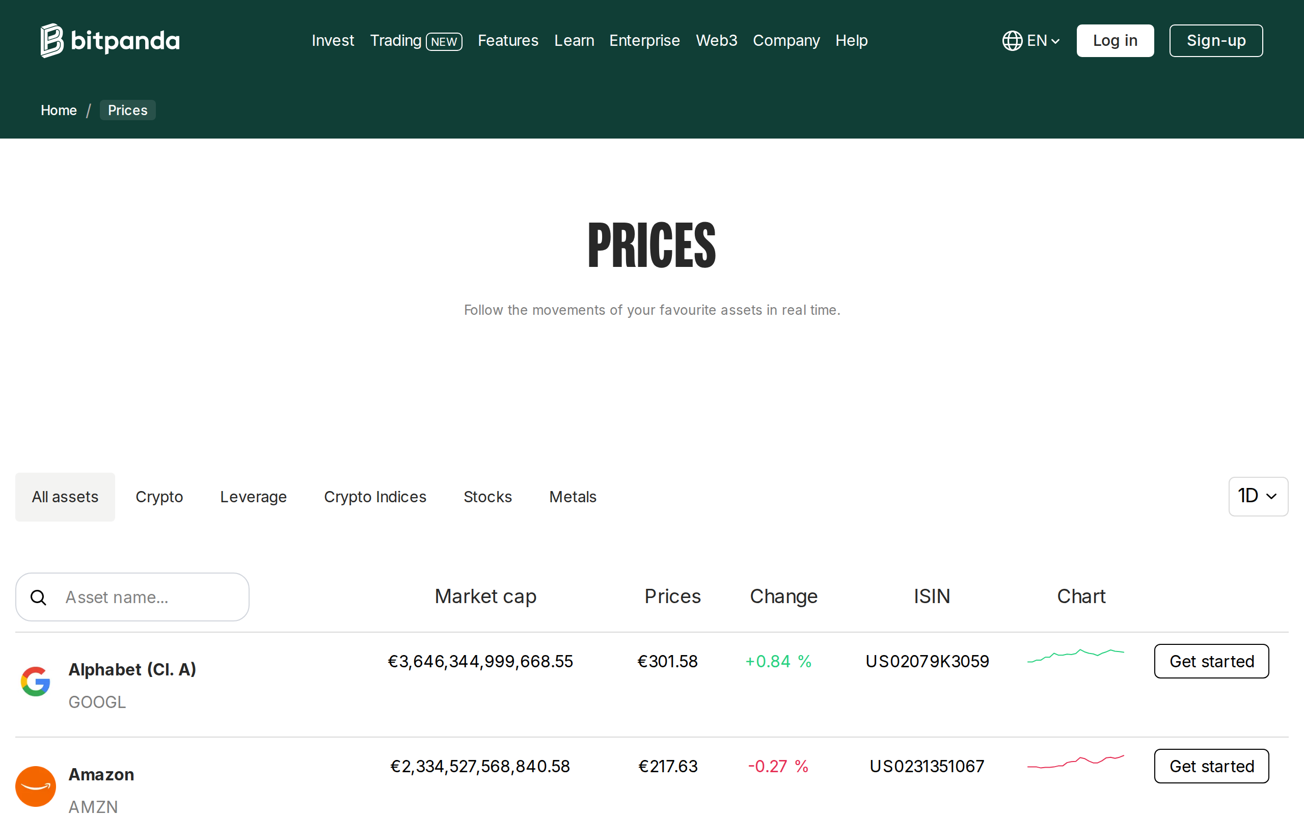 Bitpanda's live Prices page tracking crypto asset values in real time