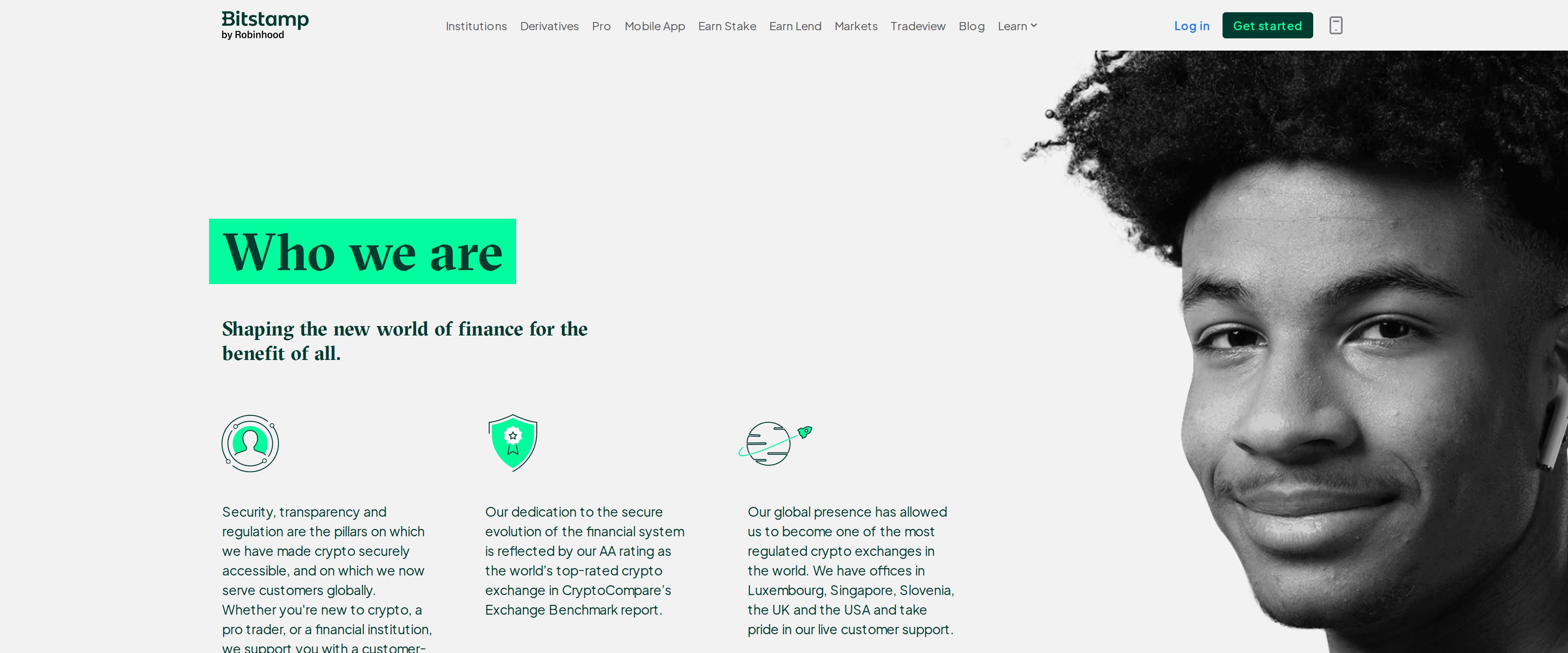 Bitstamp about page headline Who we are with copy about security, transparency and regulation as the company's pillars