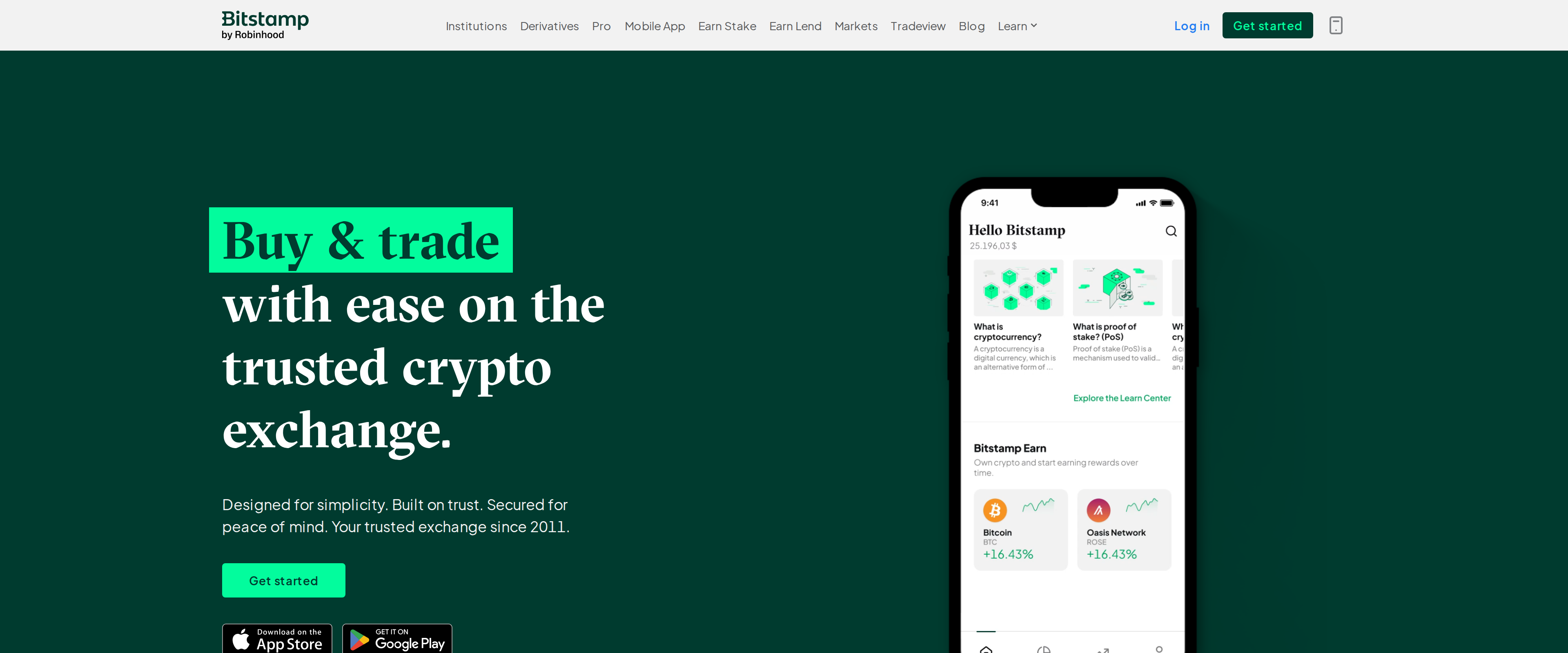 Bitstamp by Robinhood homepage in dark mode with the headline Buy and trade with ease on the trusted crypto exchange