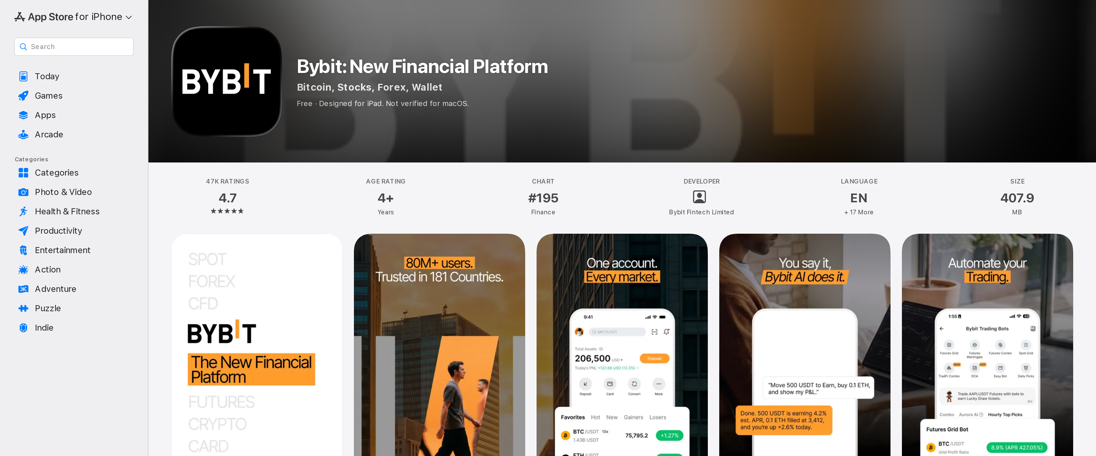 Bybit New Financial Platform listing on the Apple App Store, showing the app icon, the tagline Bitcoin, Stocks, Forex, Wallet, and three app screenshots