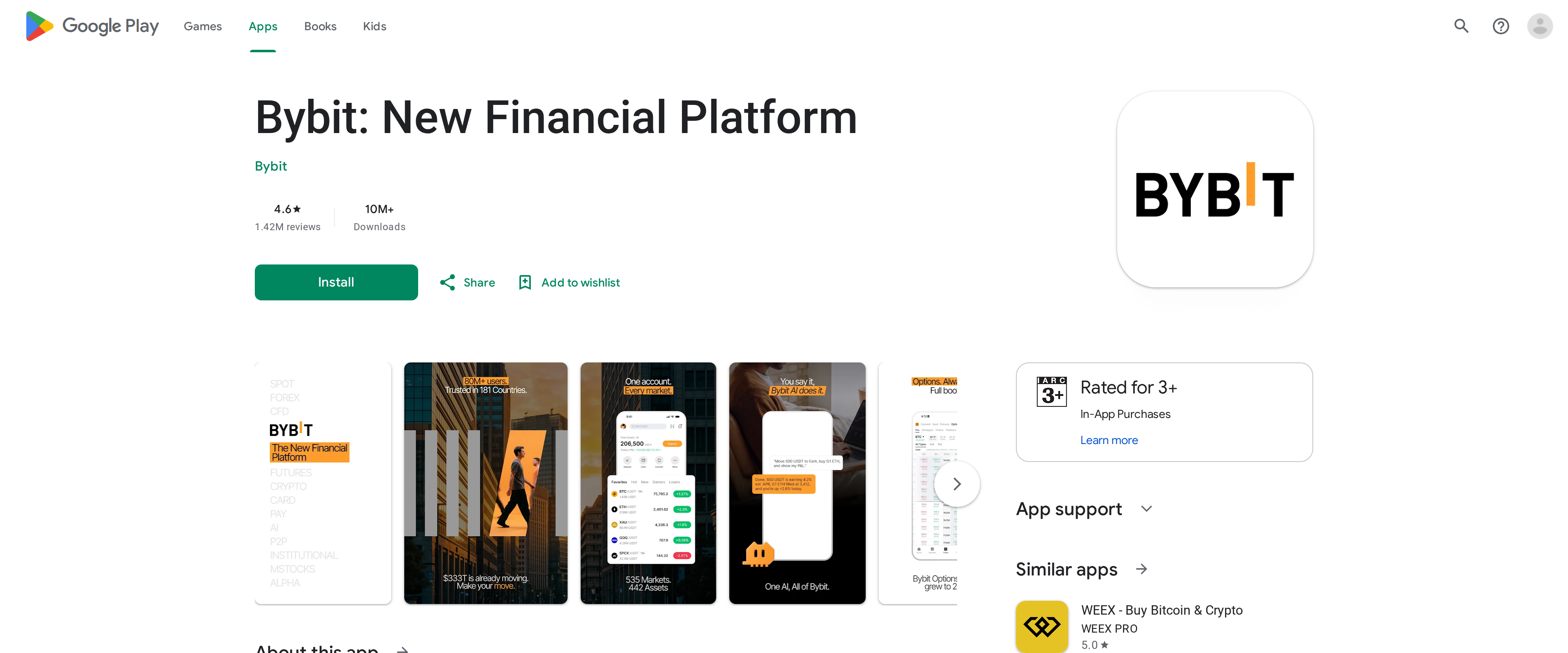 Bybit New Financial Platform listing on Google Play, showing the app heading, an About this app section and an App support section
