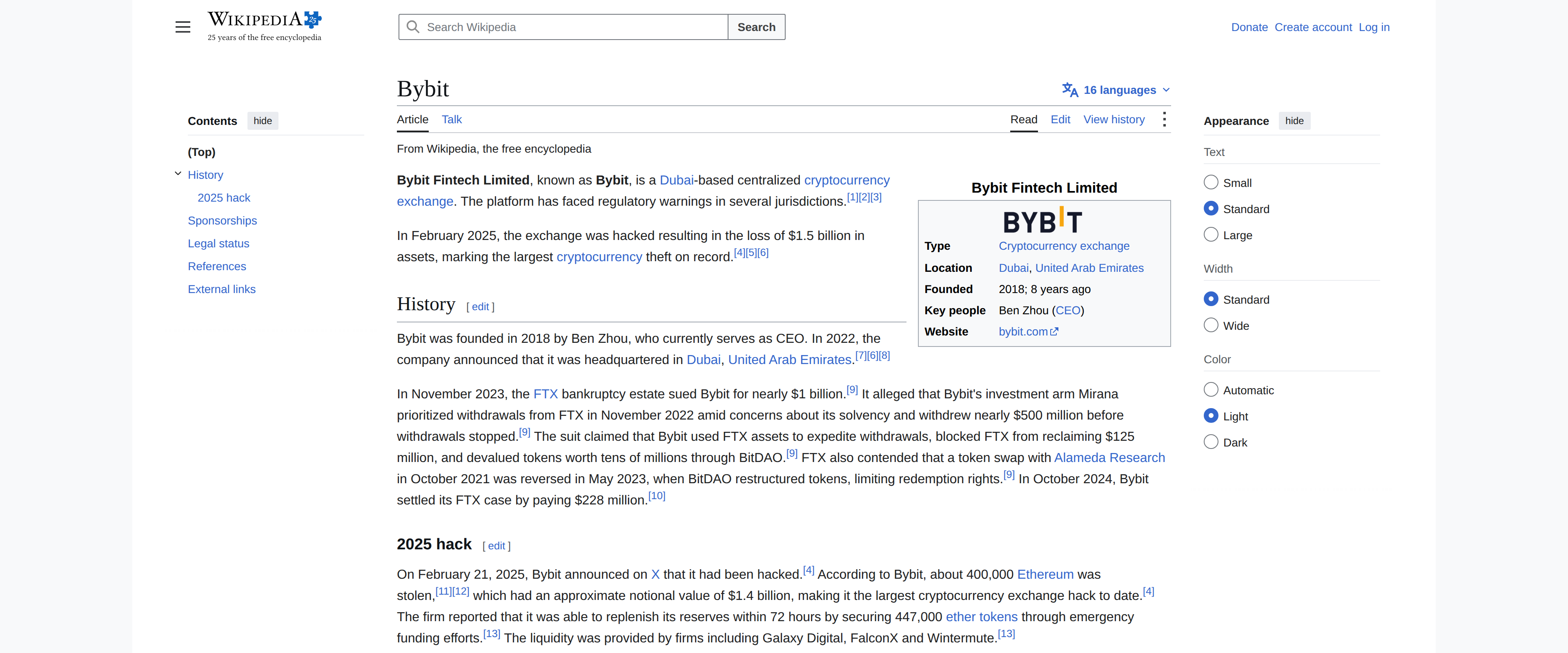 Bybit Wikipedia article table of contents showing a History section with a 2025 hack subsection, next to introductory text describing Bybit as a Dubai-based centralized cryptocurrency exchange