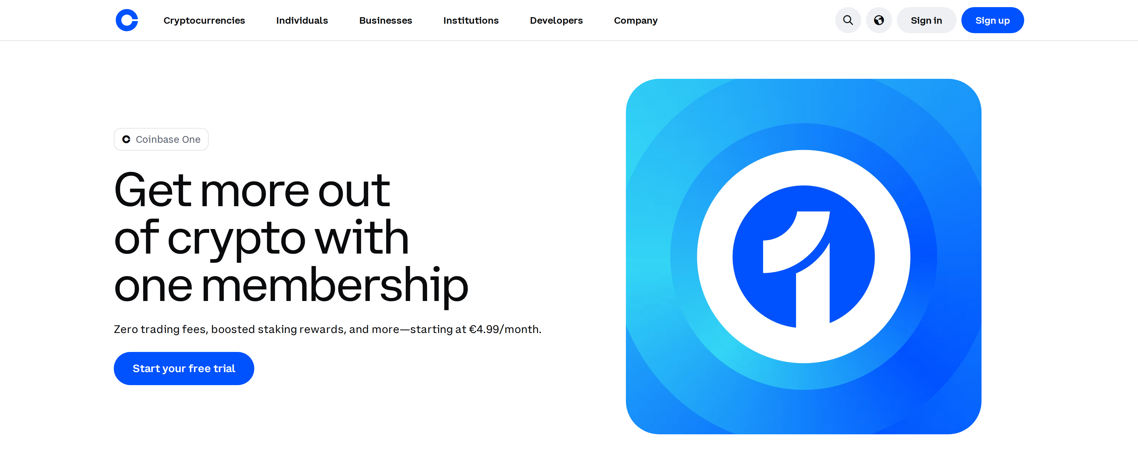Coinbase One membership page showing the tagline Get more out of crypto with one membership and pricing starting at 4.99 euros per month