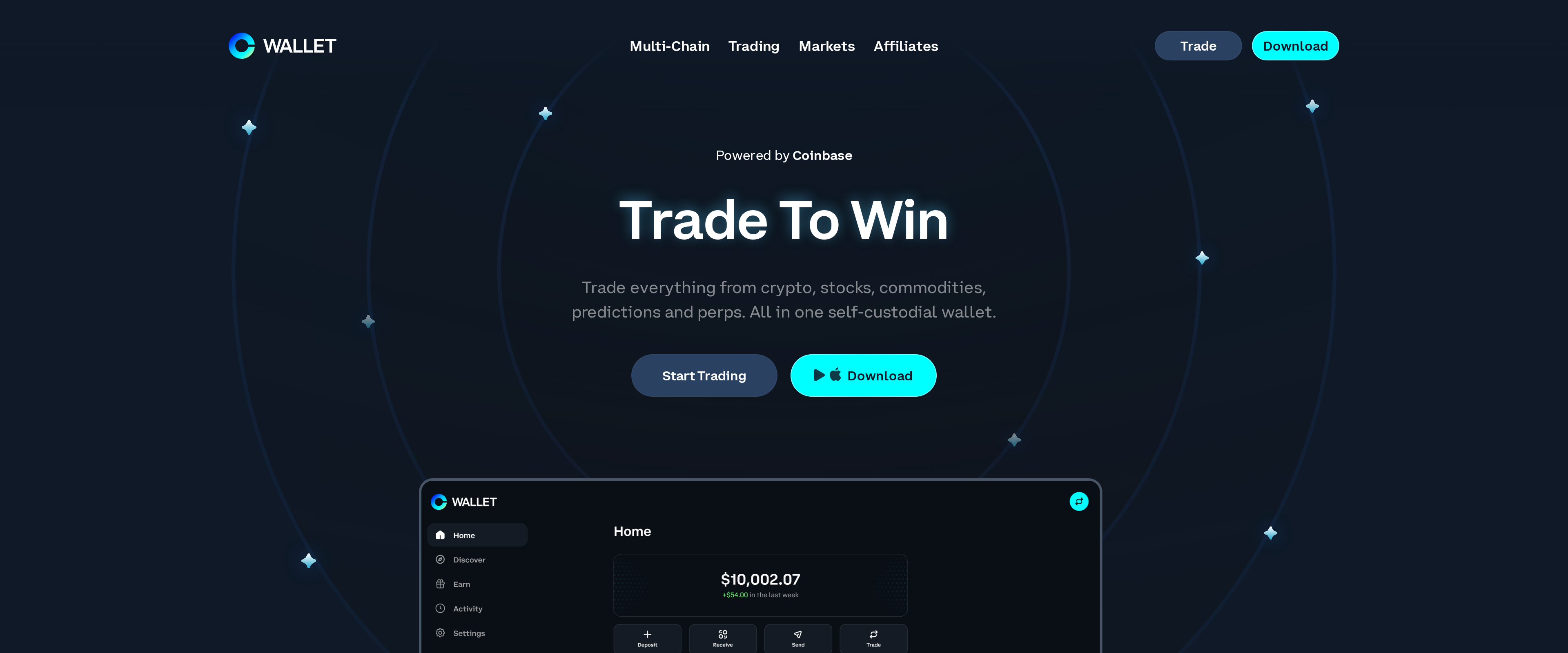 Coinbase Wallet homepage headline 'Trade To Win' describing a self-custodial wallet trading crypto, stocks, commodities, predictions and perps
