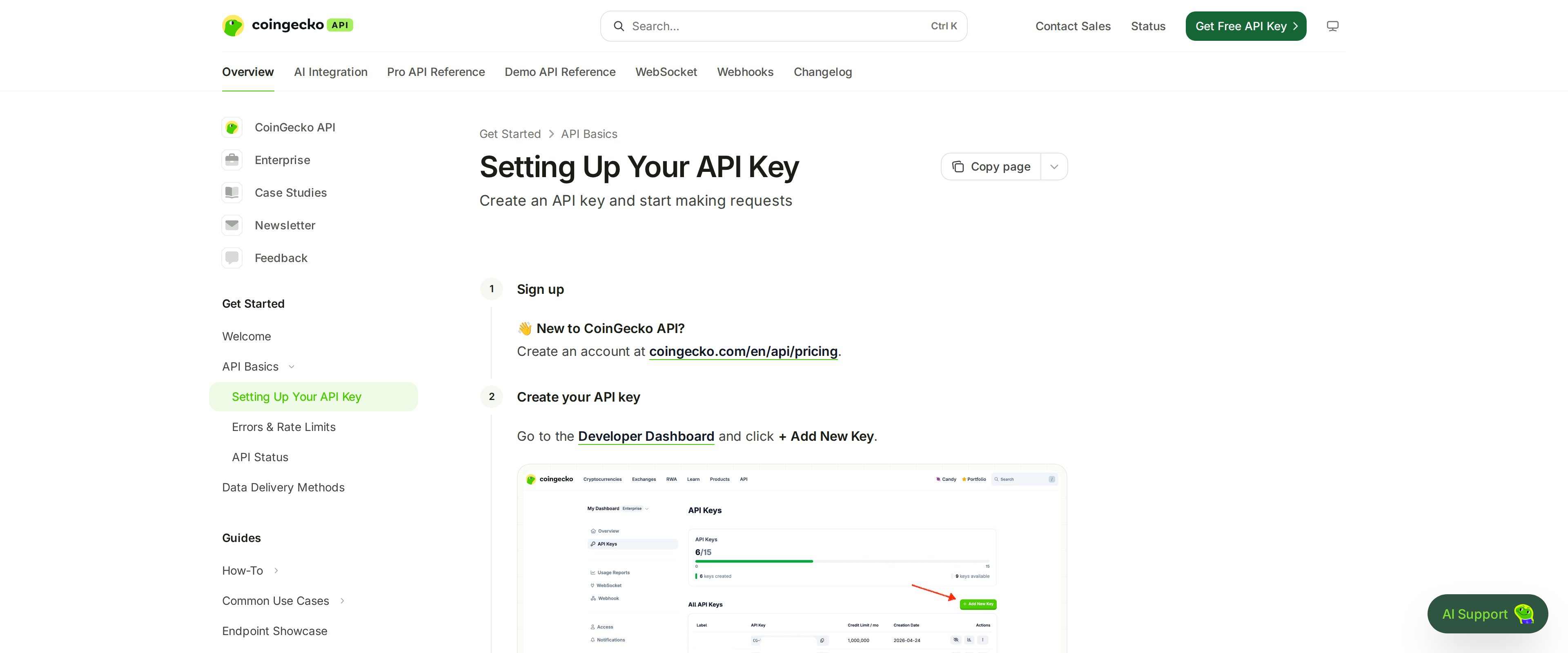 CoinGecko API key setup guide page explaining how to create an API key and start making requests