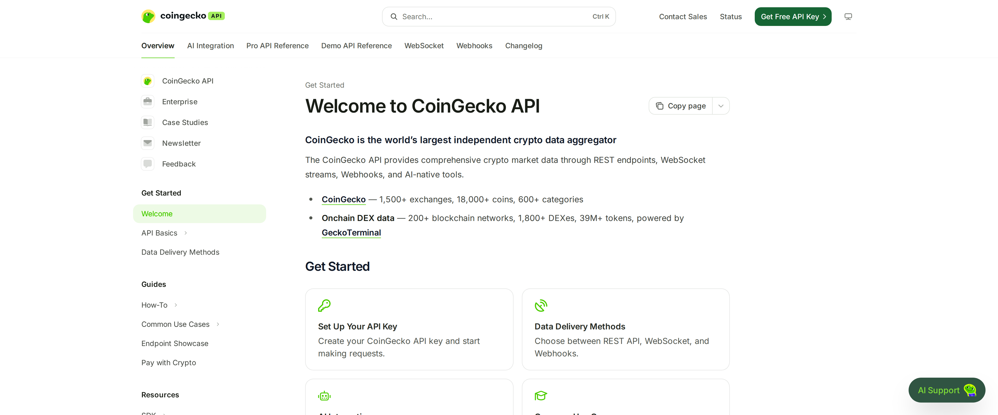 CoinGecko API documentation homepage stating coverage of 1,500+ exchanges, 18,000+ coins and 600+ categories