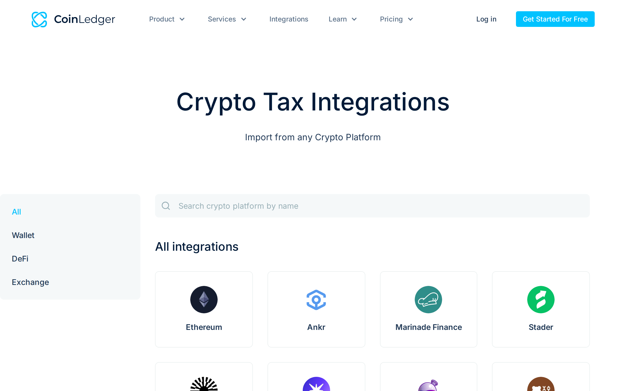 CoinLedger integrations page headline Crypto Tax Integrations