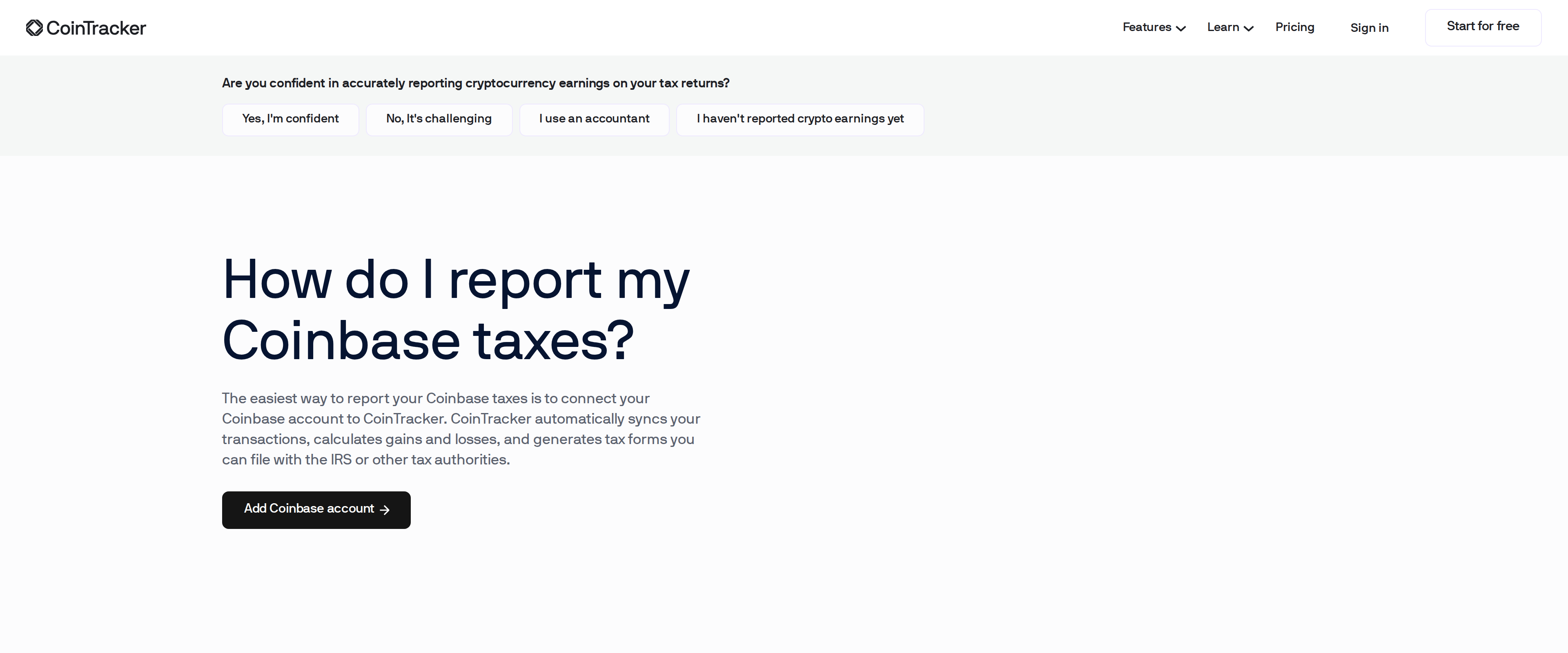 CoinTracker Coinbase integration page asking How do I report my Coinbase taxes, with text about connecting a Coinbase account to sync transactions automatically