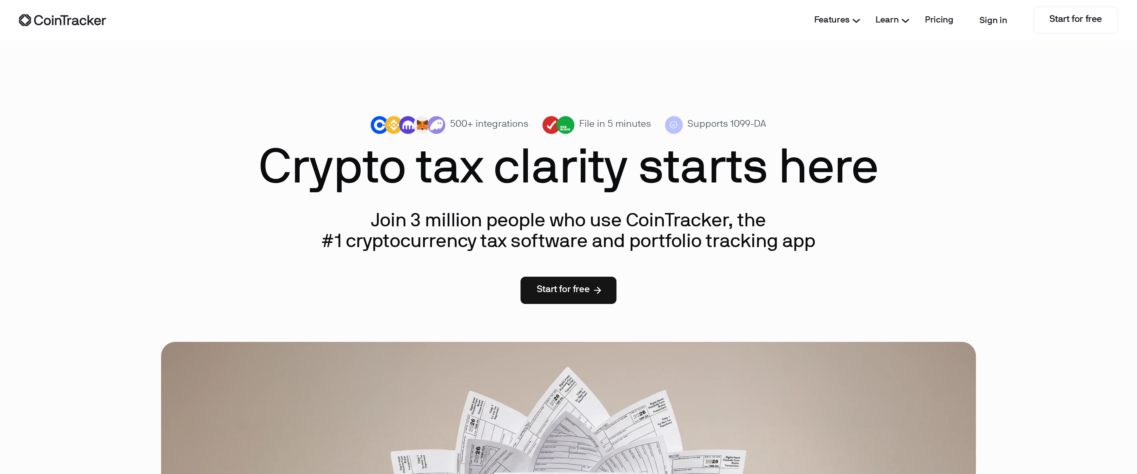 CoinTracker feature page headline reading Crypto tax clarity starts here, with text about the 3 million people who use CoinTracker as the number-one cryptocurrency tax software
