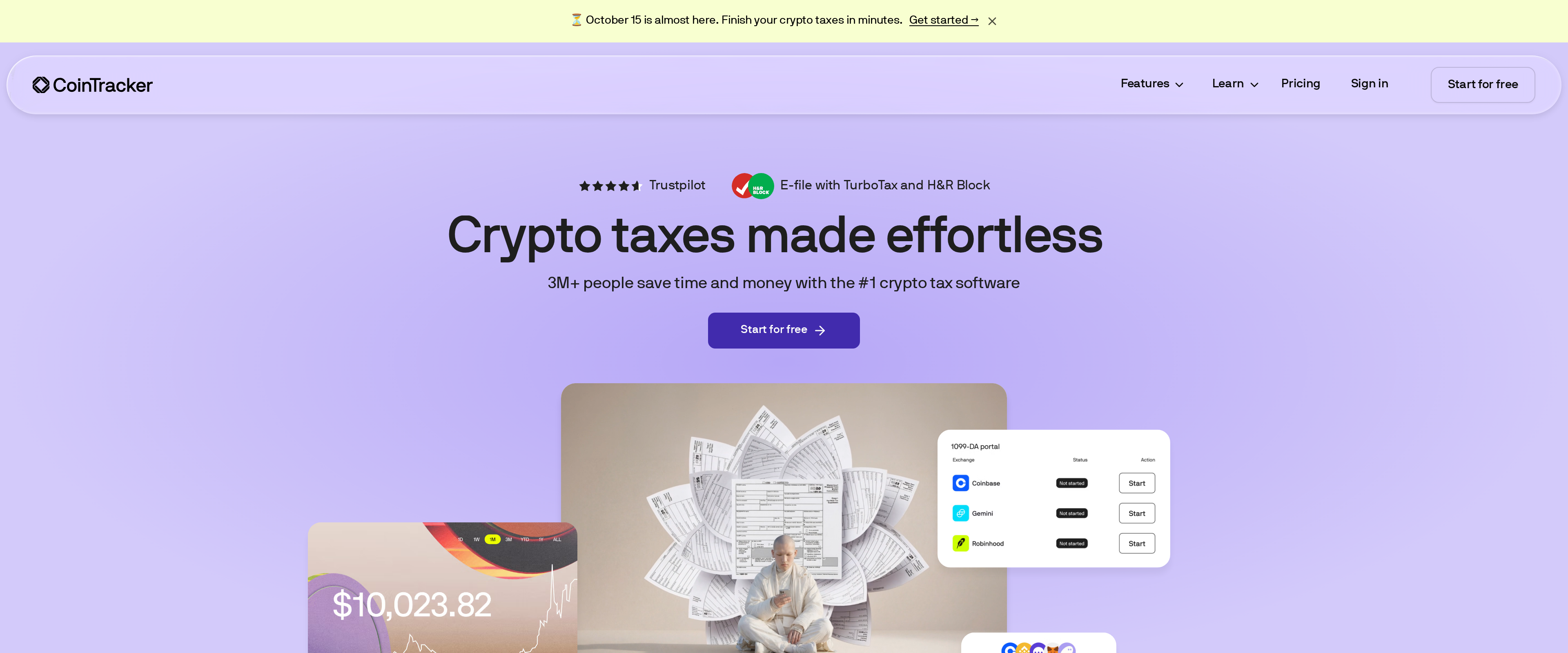 CoinTracker homepage headline reading Crypto taxes made effortless, with text reading 3 million-plus people save time and money with the number-one crypto tax software