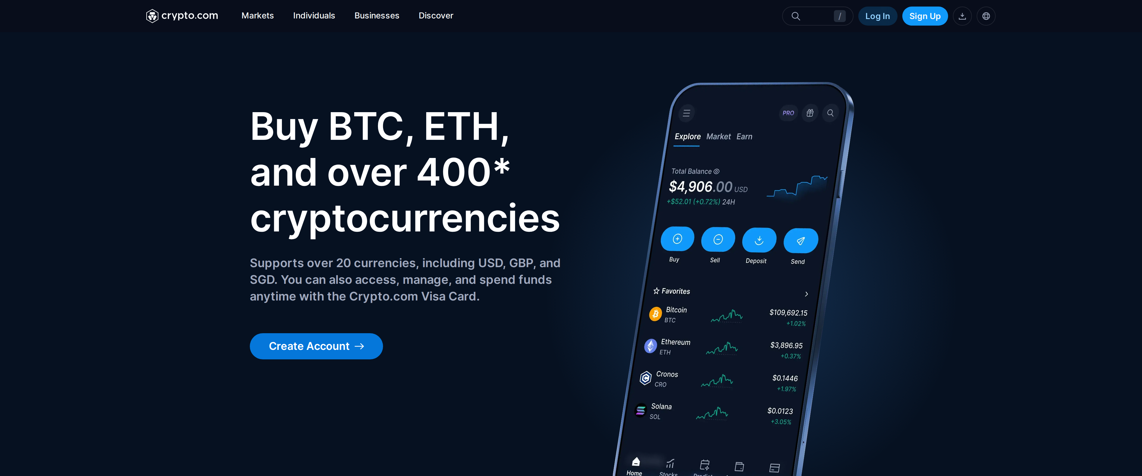 Crypto.com App landing page headline reading 'Buy BTC, ETH, and over 400 cryptocurrencies' next to a phone screenshot of the app