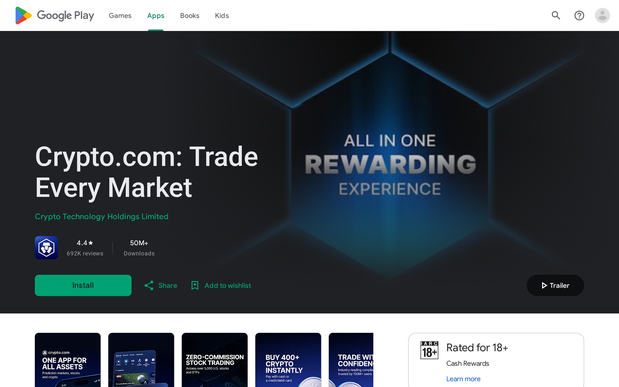 Crypto.com's Google Play Store listing headed 'Crypto.com: Trade Every Market'