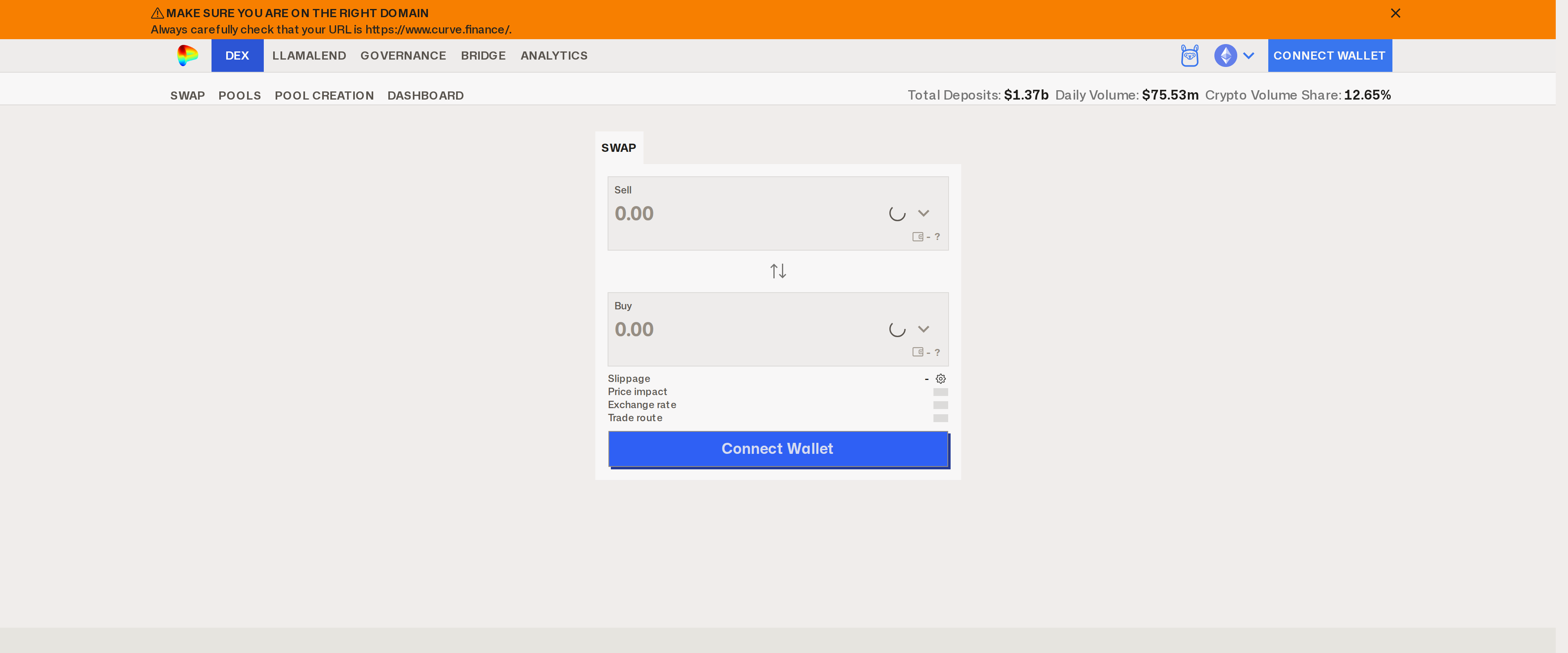 Curve's swap interface with a security warning to check the URL is curve.finance, showing a token swap screen