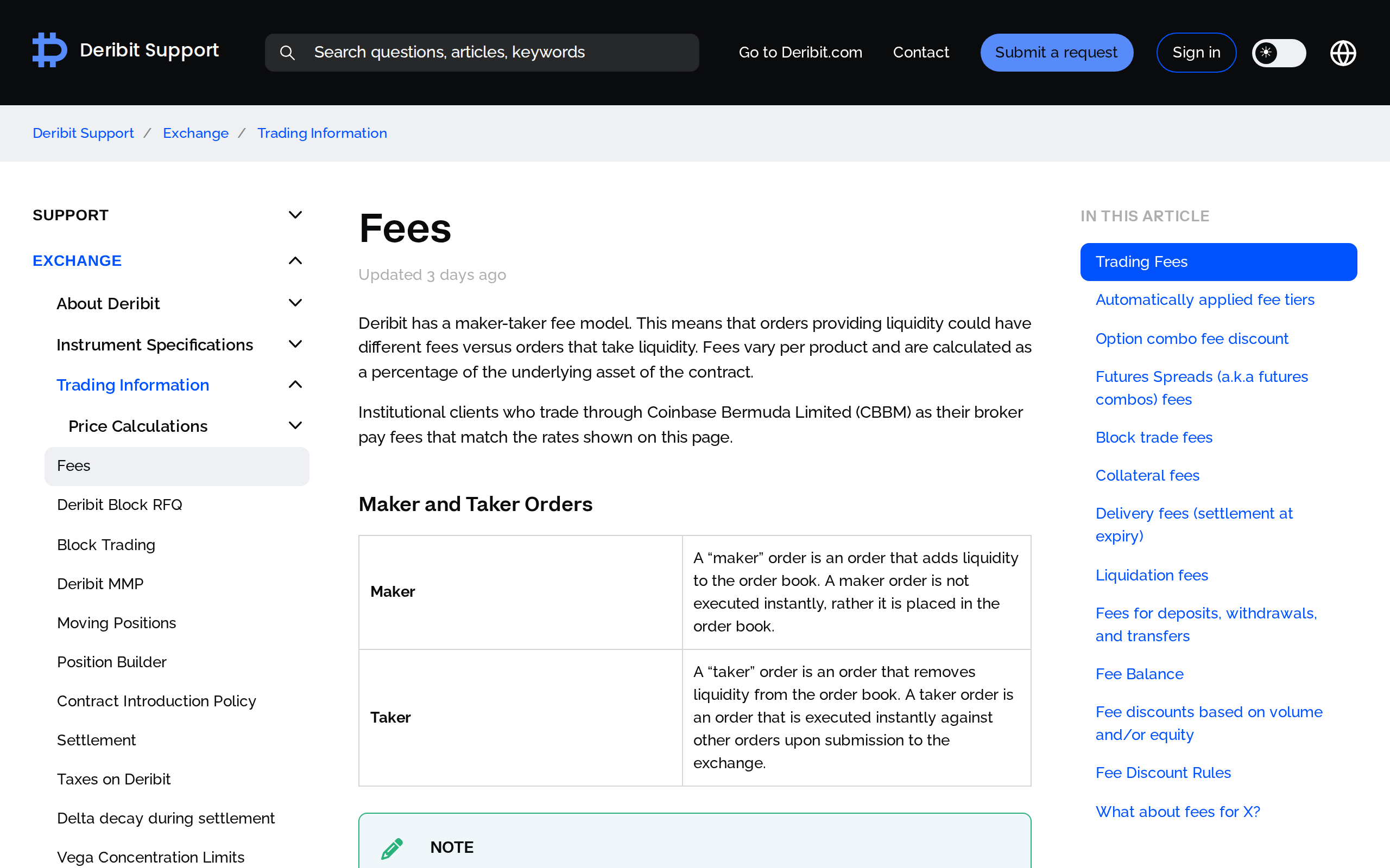 Deribit support article titled Fees, describing the maker-taker model and noting that institutional clients trading through Coinbase Bermuda Limited pay matching rates