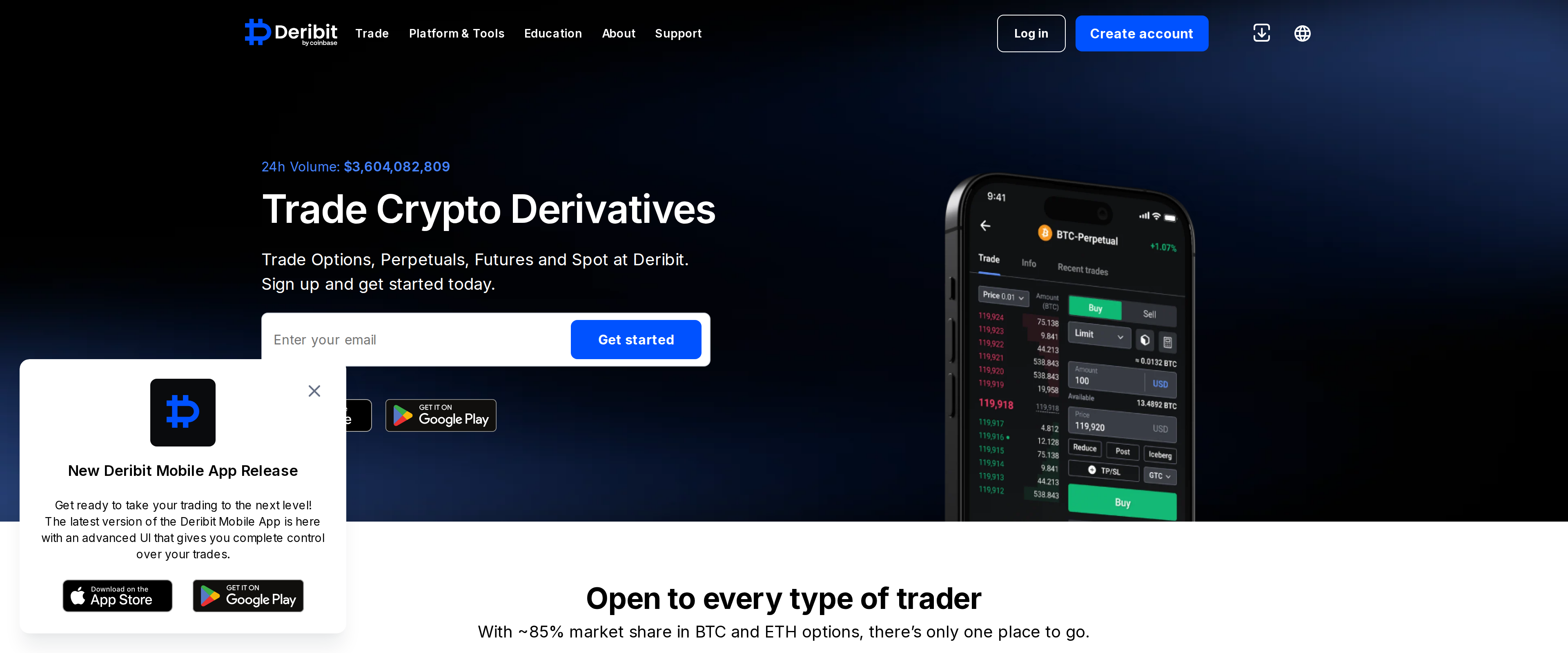 Deribit homepage headline reading Trade Crypto Derivatives, with a 24-hour trading volume figure of $3.6 billion displayed beneath it