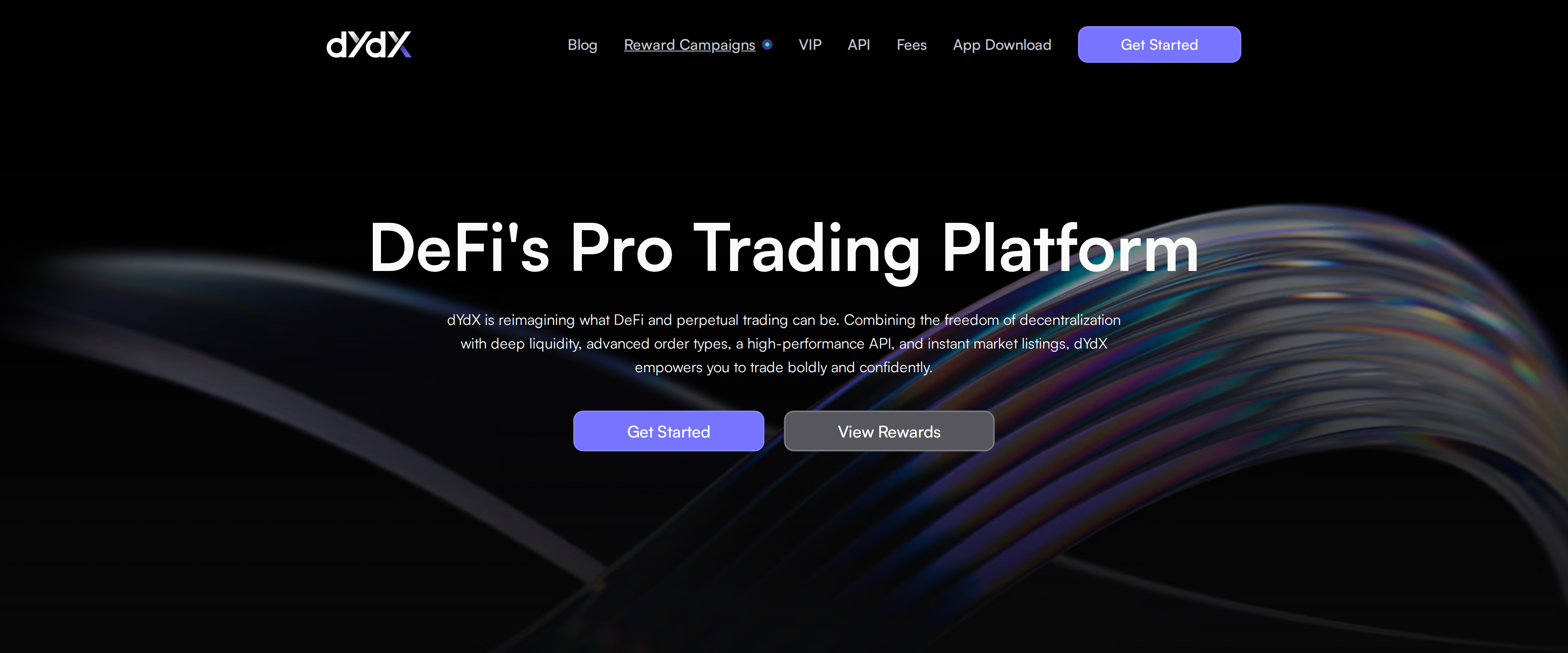 dYdX homepage headline reading DeFi's Pro Trading Platform over a dark trading dashboard illustration