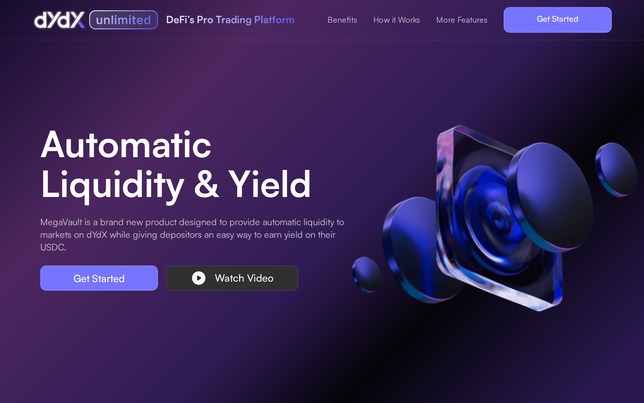 dYdX MegaVault page describing automatic liquidity and yield