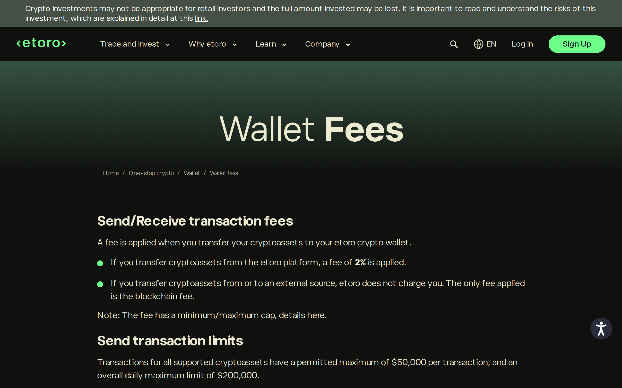 eToro Wallet Fees page with headings for Send/Receive transaction fees and Send transaction limits