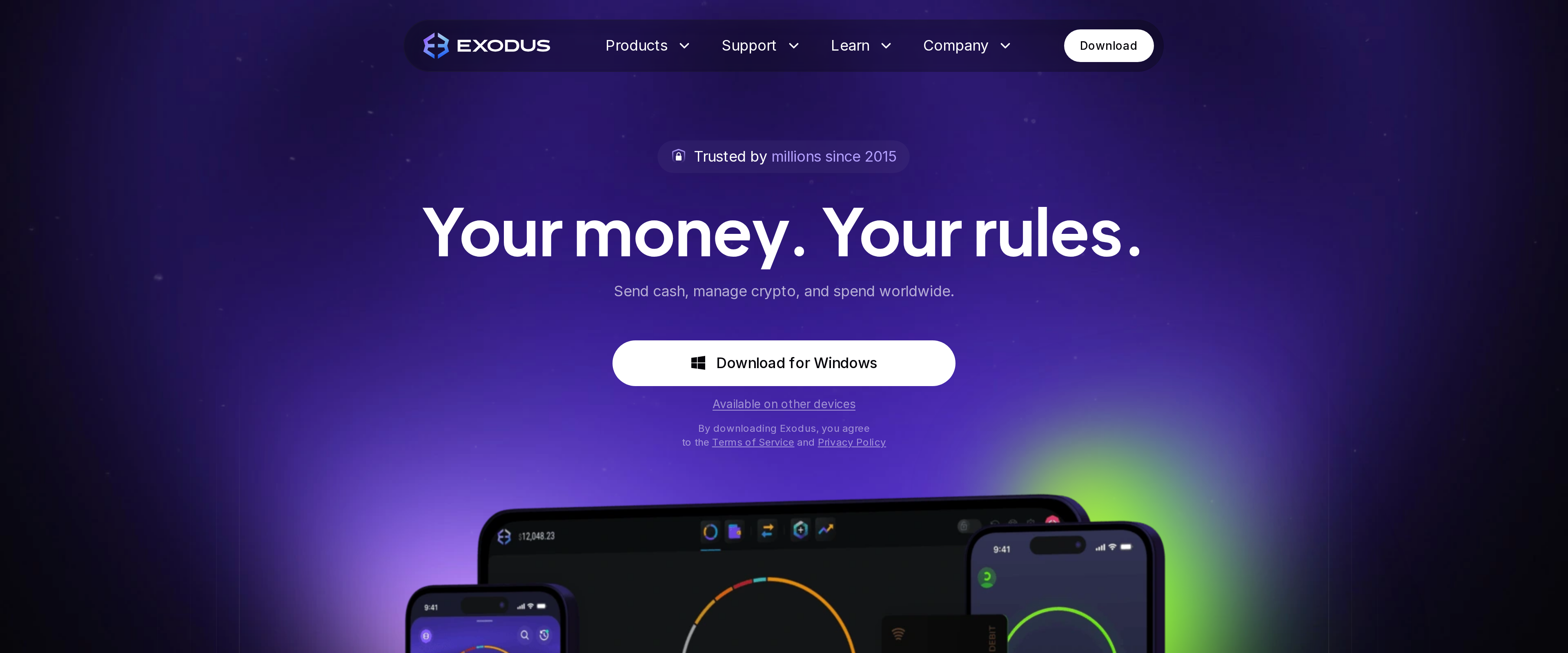 Exodus homepage reading Your money, your rules, listing Exodus Pay, buy and swap crypto, and hardware wallet security