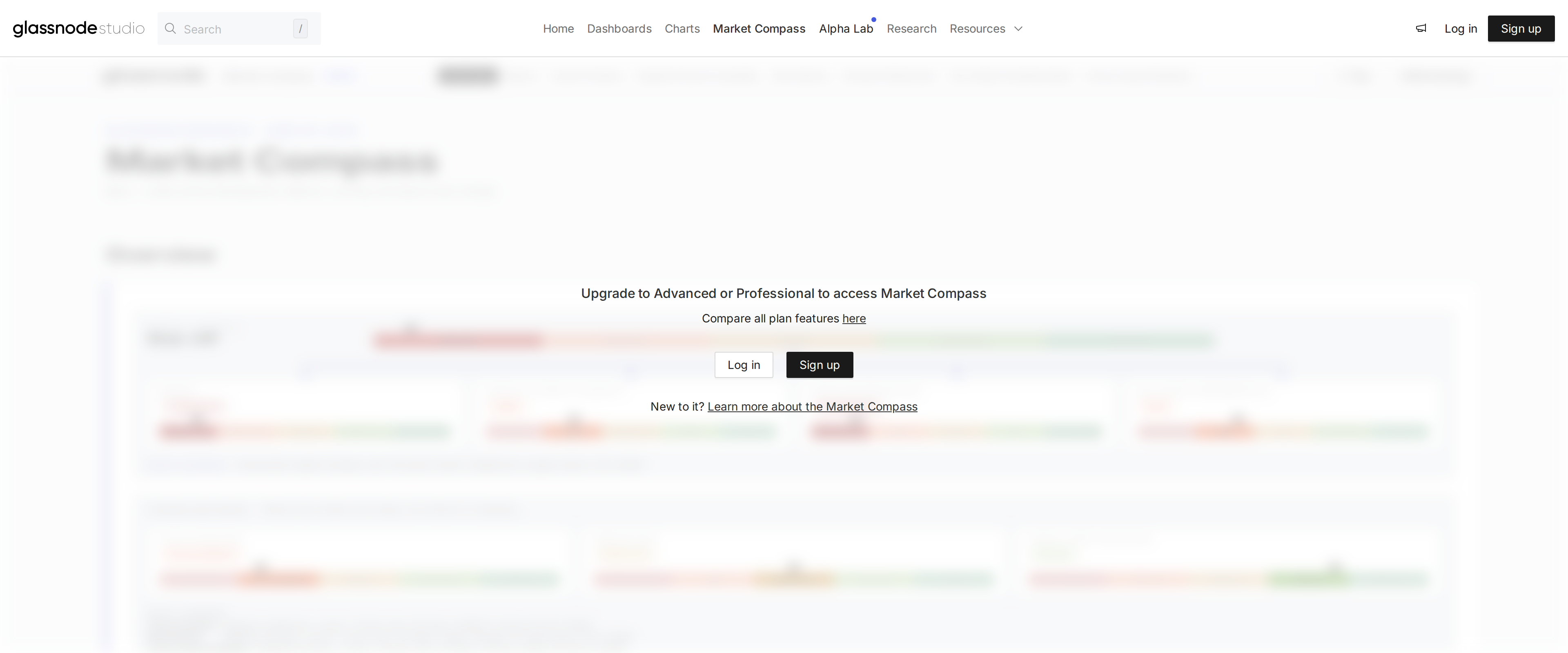 Glassnode Market Compass page showing a paywall message reading Upgrade to Advanced or Professional to access Market Compass, with blurred dashboard content and Log in and Sign up buttons underneath