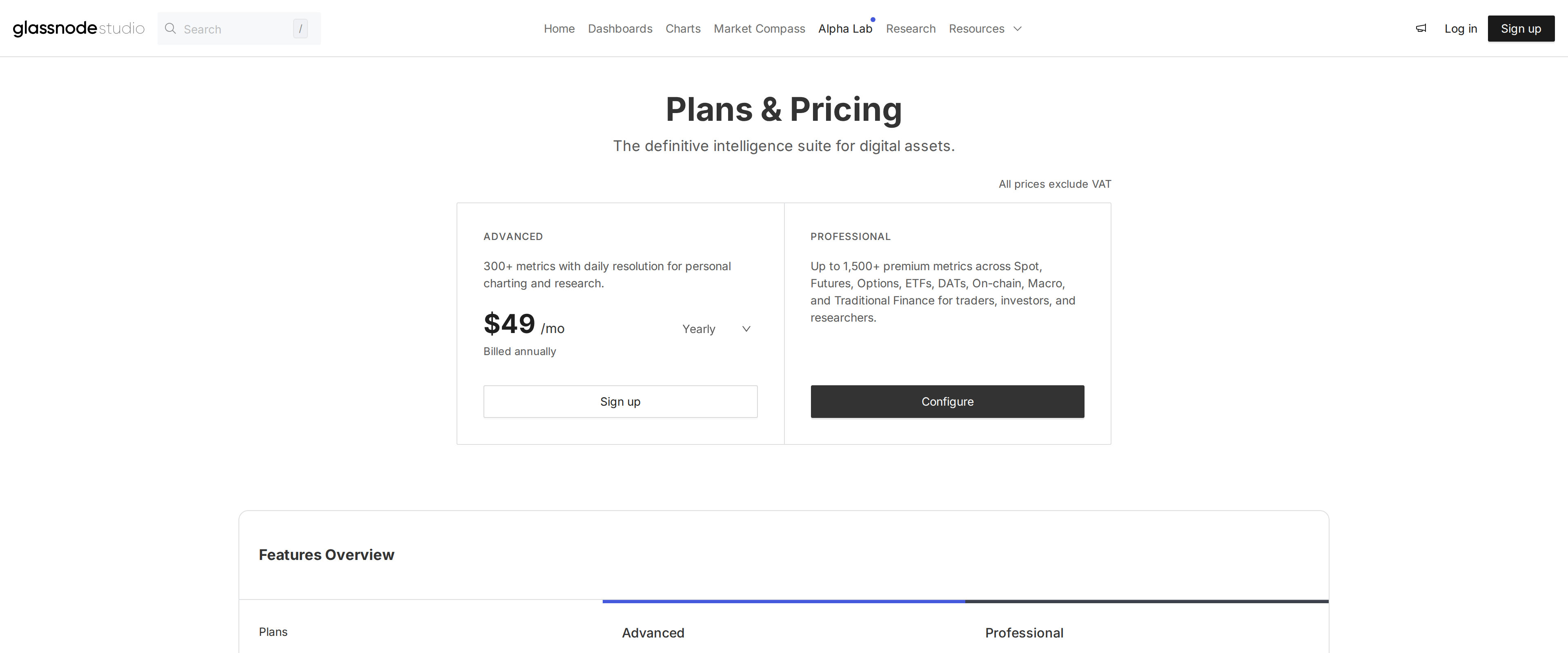 Glassnode Studio pricing page showing Advanced at $49 per month billed annually with 300-plus metrics, next to Professional offering up to 1,500-plus premium metrics across spot, futures, options, ETFs, DATs, on-chain, macro and traditional finance