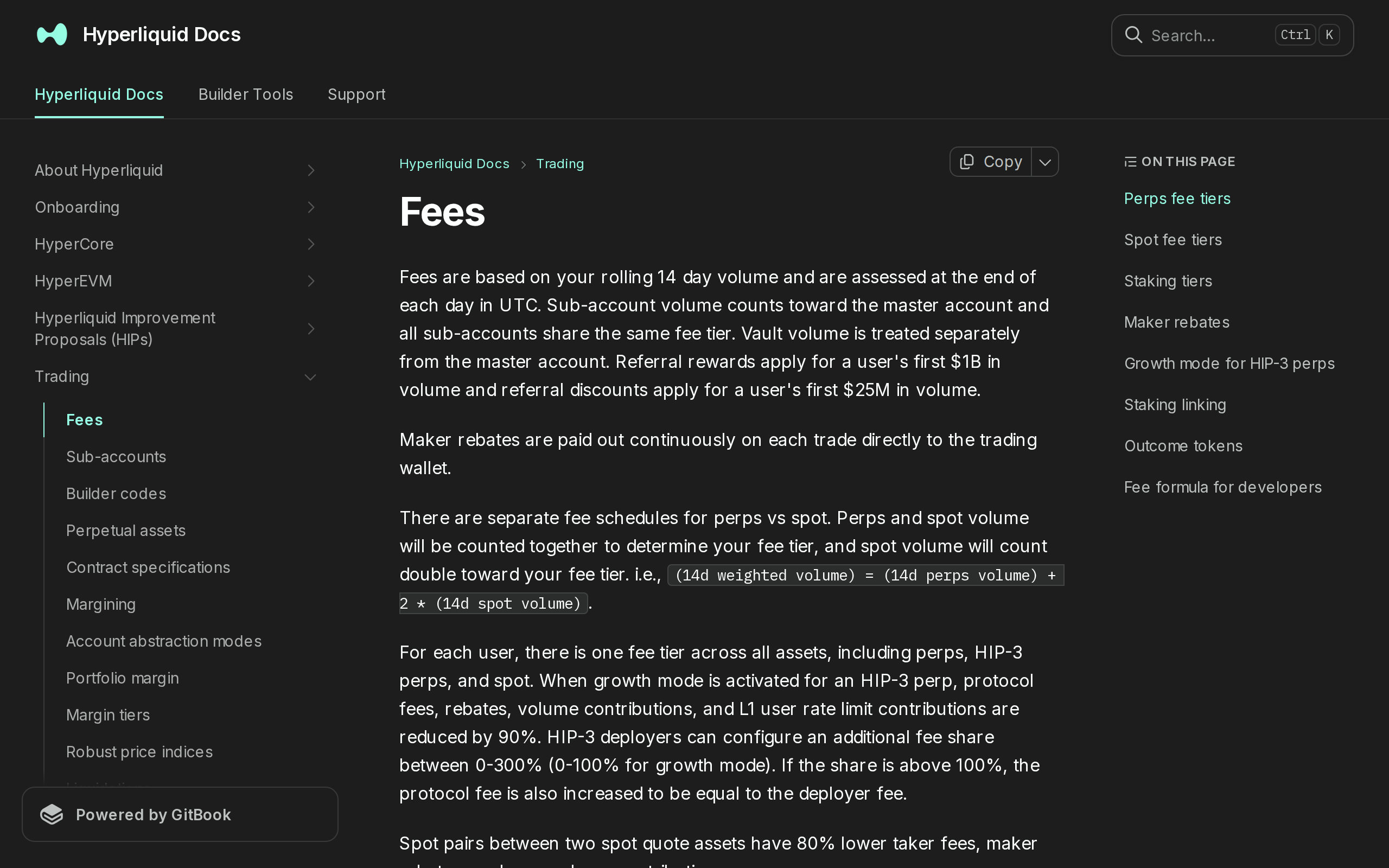 Hyperliquid documentation page titled Fees, listing Trading Fees, Sub-accounts, Builder codes, Perpetual assets and Margin tiers in the sidebar