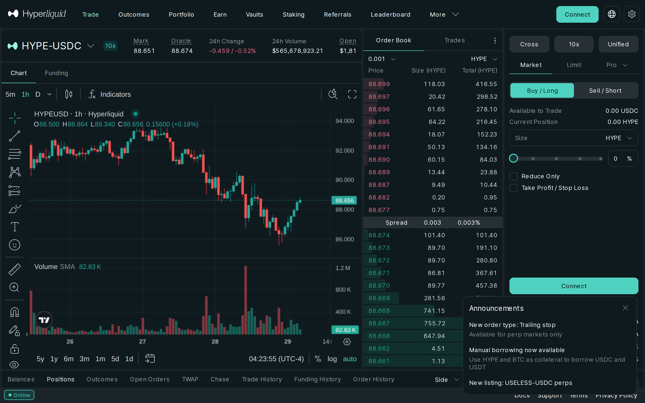 Hyperliquid trading screen showing the HYPE-USDC order book, price chart and a Buy/Long order panel with 10x leverage selected