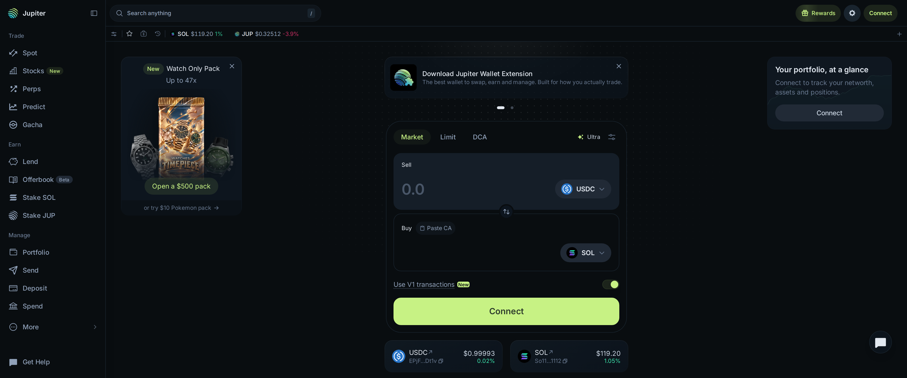 Jupiter homepage with SOL priced at $119.19 and JUP at $0.325, showing cards for a Watch Only Pack, the Jupiter Wallet Extension and 6% APY on USDC lending