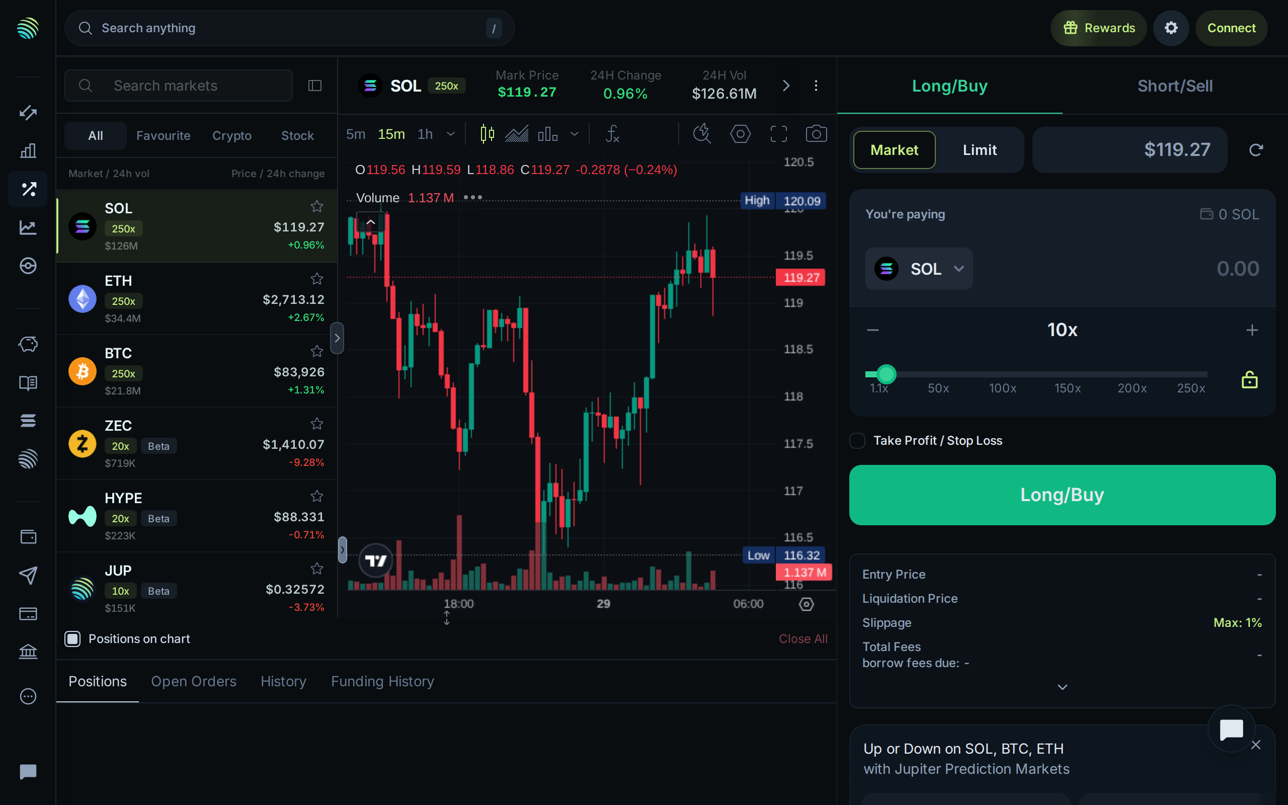 Jupiter Perps landing page headlined Up or Down on SOL, BTC, ETH, with live price tickers running above the market selector