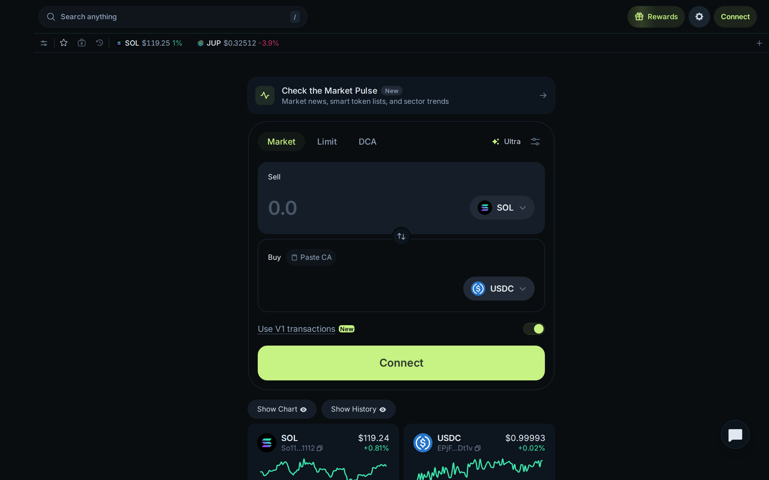 Jupiter's swap interface in dark mode showing a Sell field for SOL and a Buy field for USDC, with Market, Limit and DCA tabs and an Ultra toggle above the order form