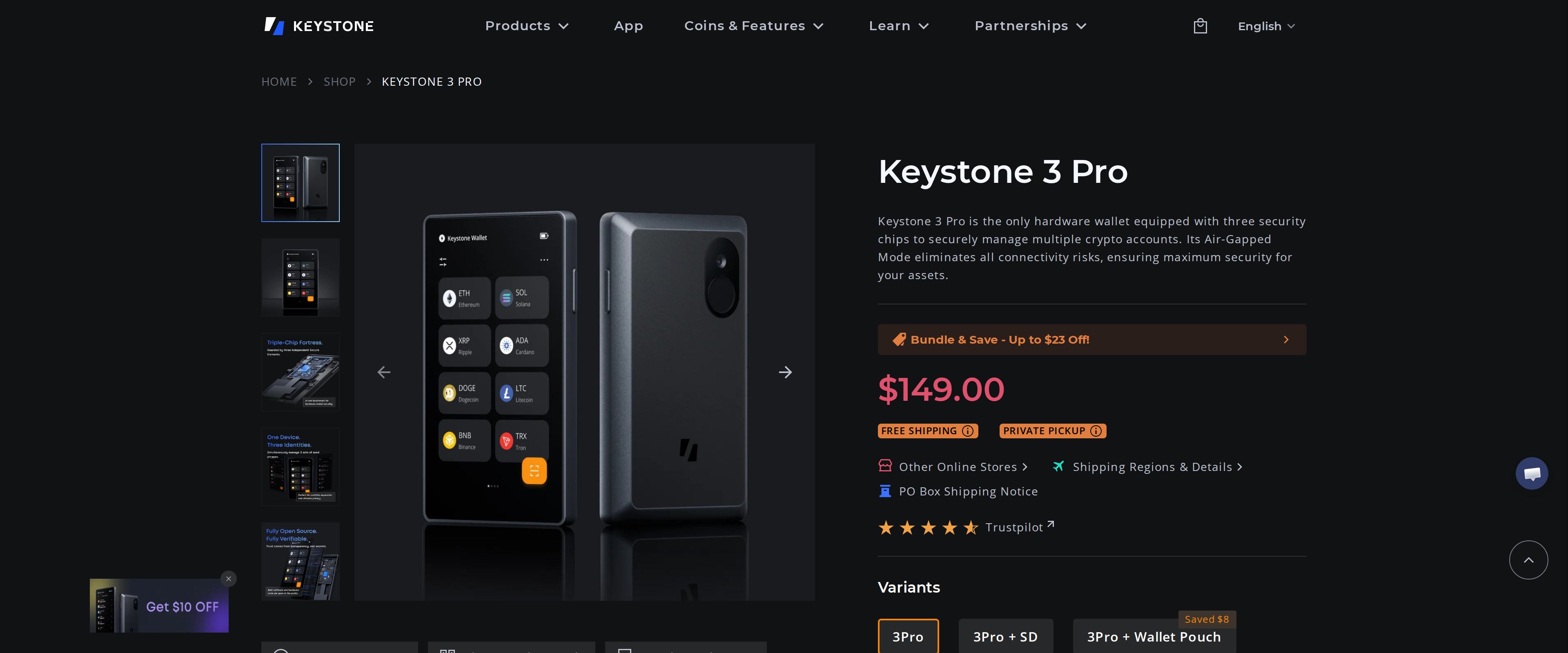 Keystone 3 Pro product page showing the device with three security chips messaging and a $149 price