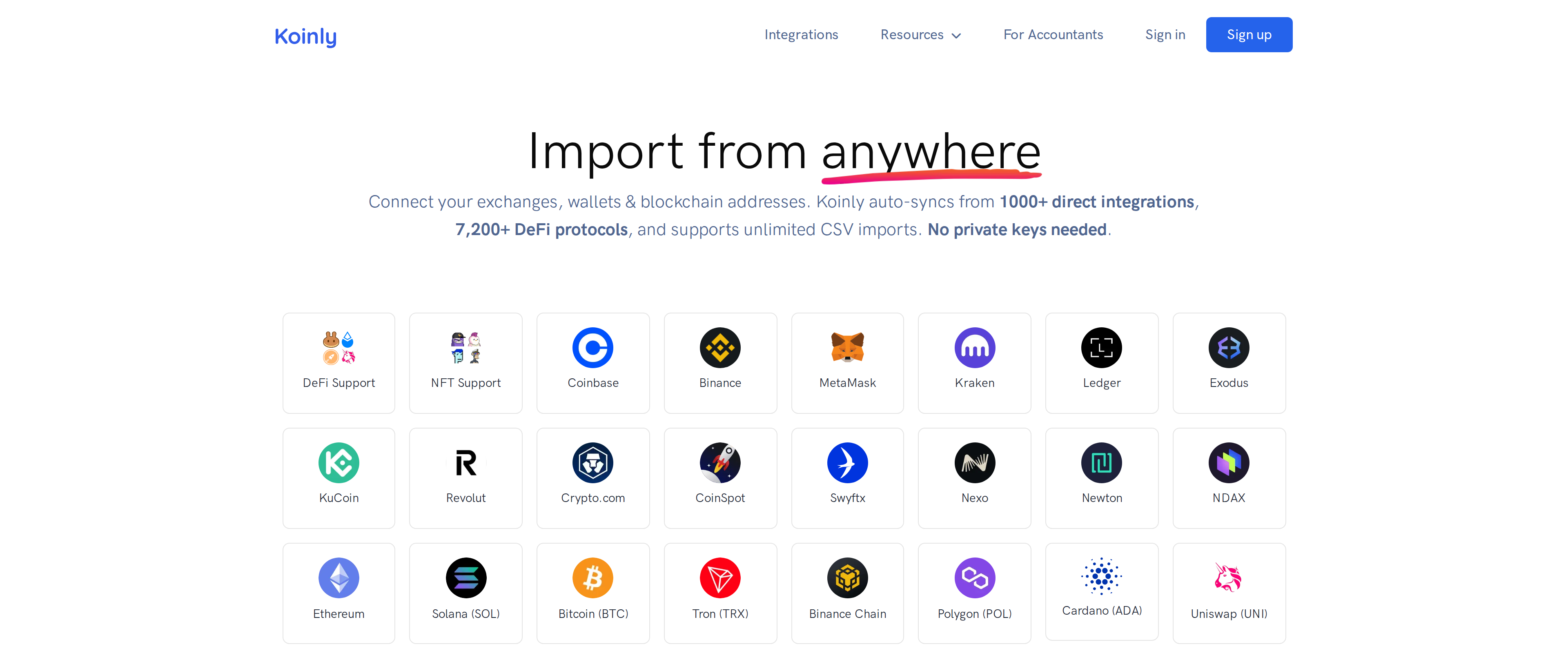 Koinly's Import from anywhere page listing 1,000 plus direct integrations and 7,200 plus DeFi protocols supported