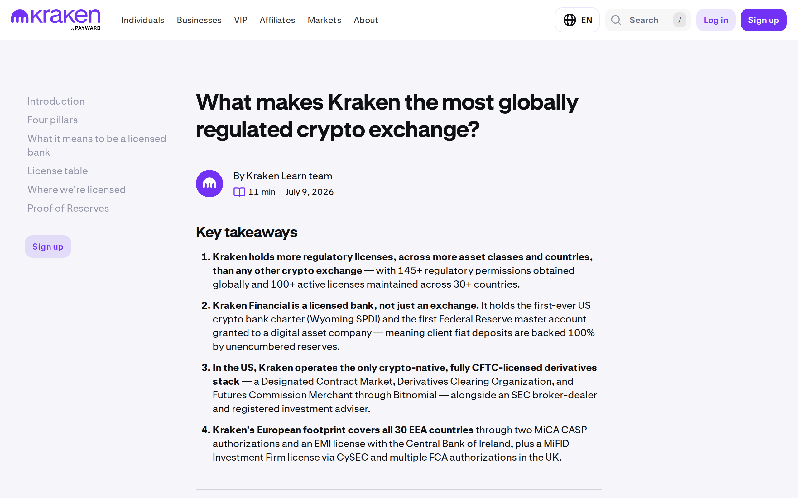 Kraken regulation page listing four key takeaways: 145+ regulatory permissions, a Wyoming SPDI bank charter, a CFTC-licensed derivatives stack, and MiCA coverage across 30 EEA countries
