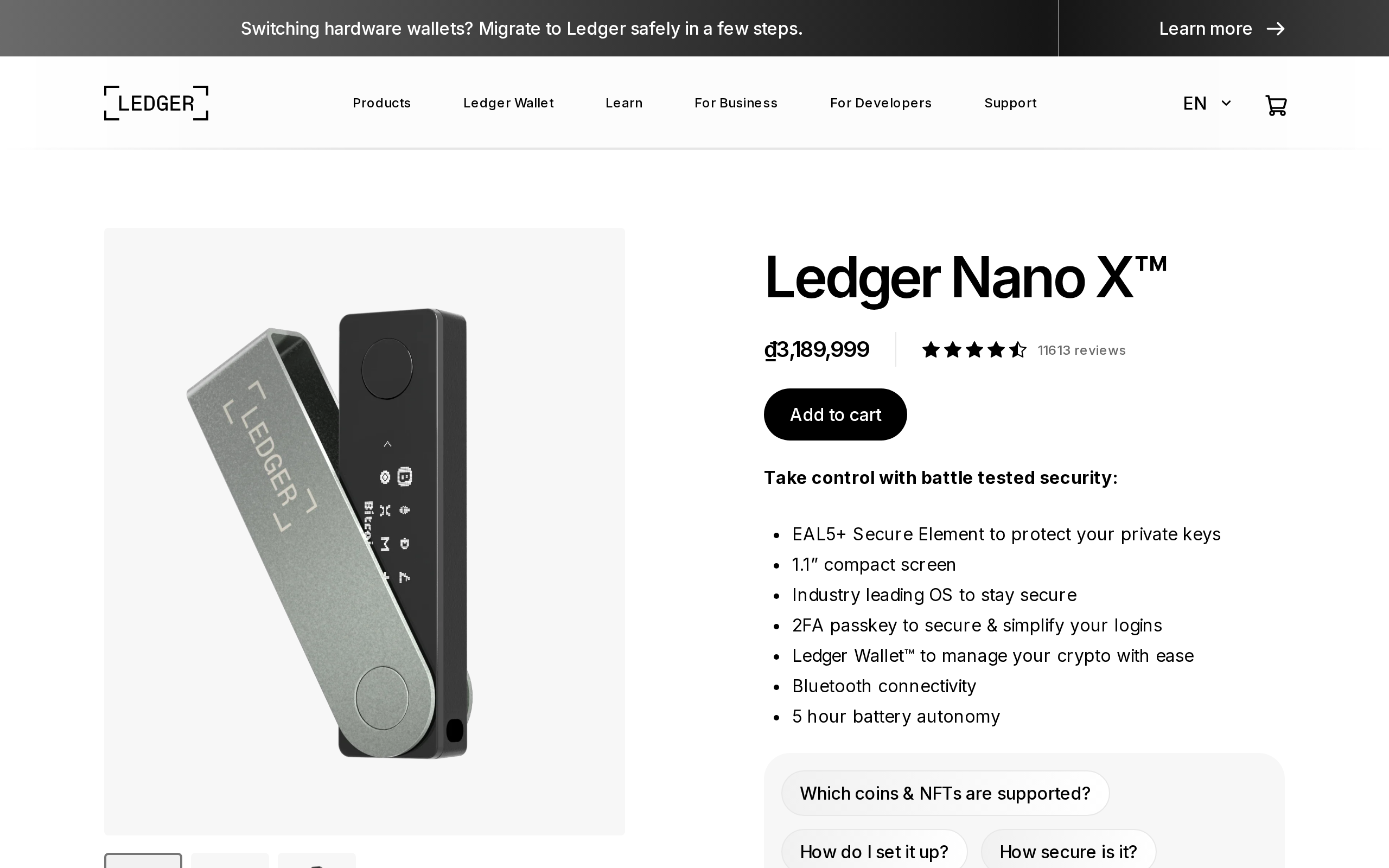 Ledger Nano X product page headline Take control with battle tested security, noting the EAL5+ Secure Element