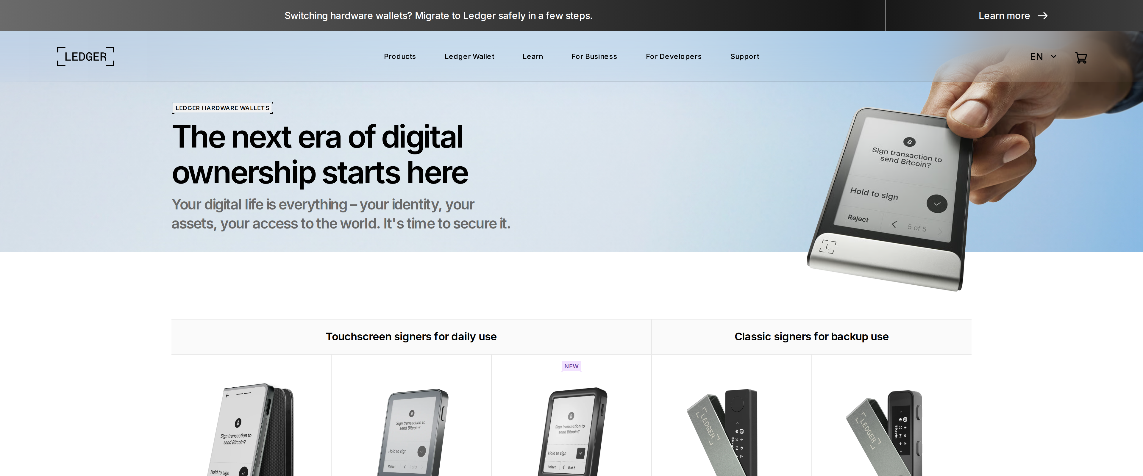 Ledger's device comparison page headline reading The next era of digital ownership starts here, with signer product tiles