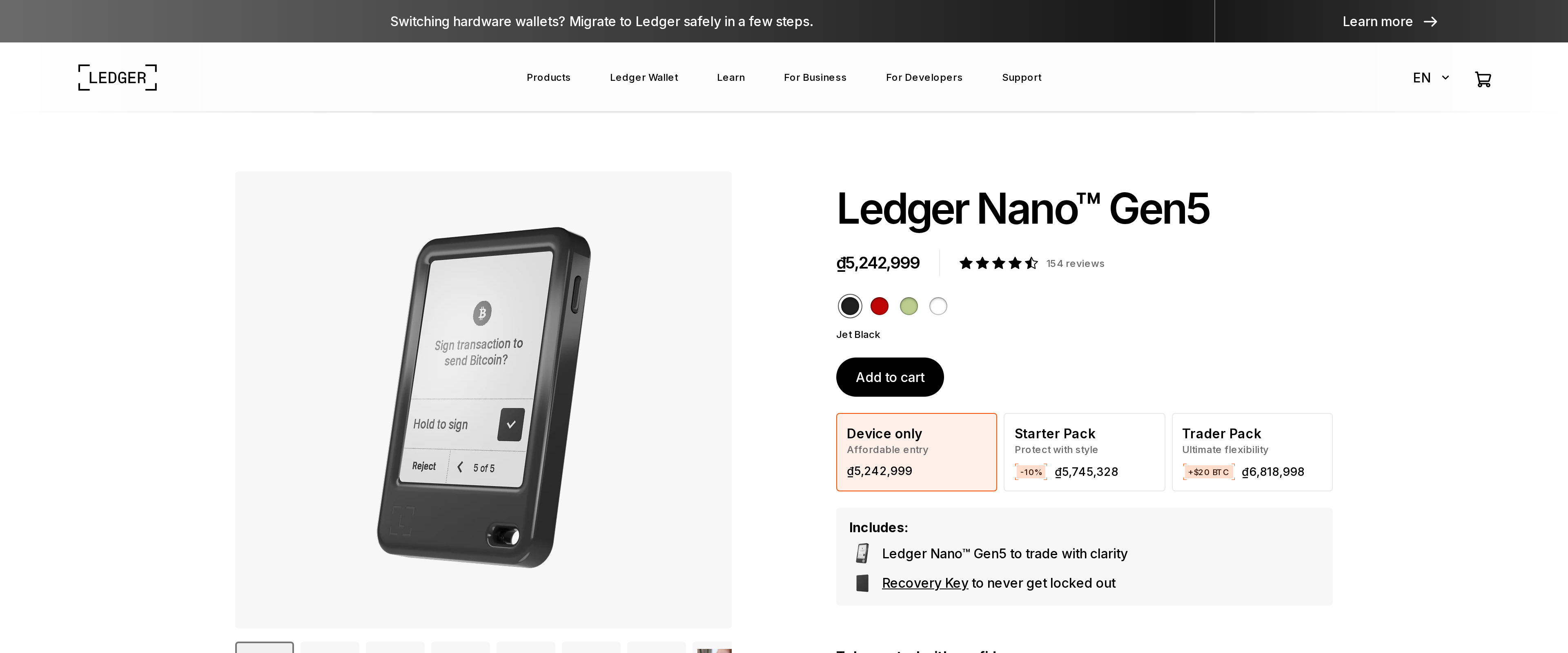 Ledger Nano Gen5 product page headline reading Ledger Nano Gen5 to trade with clarity, with a $20 price shown on an accessory