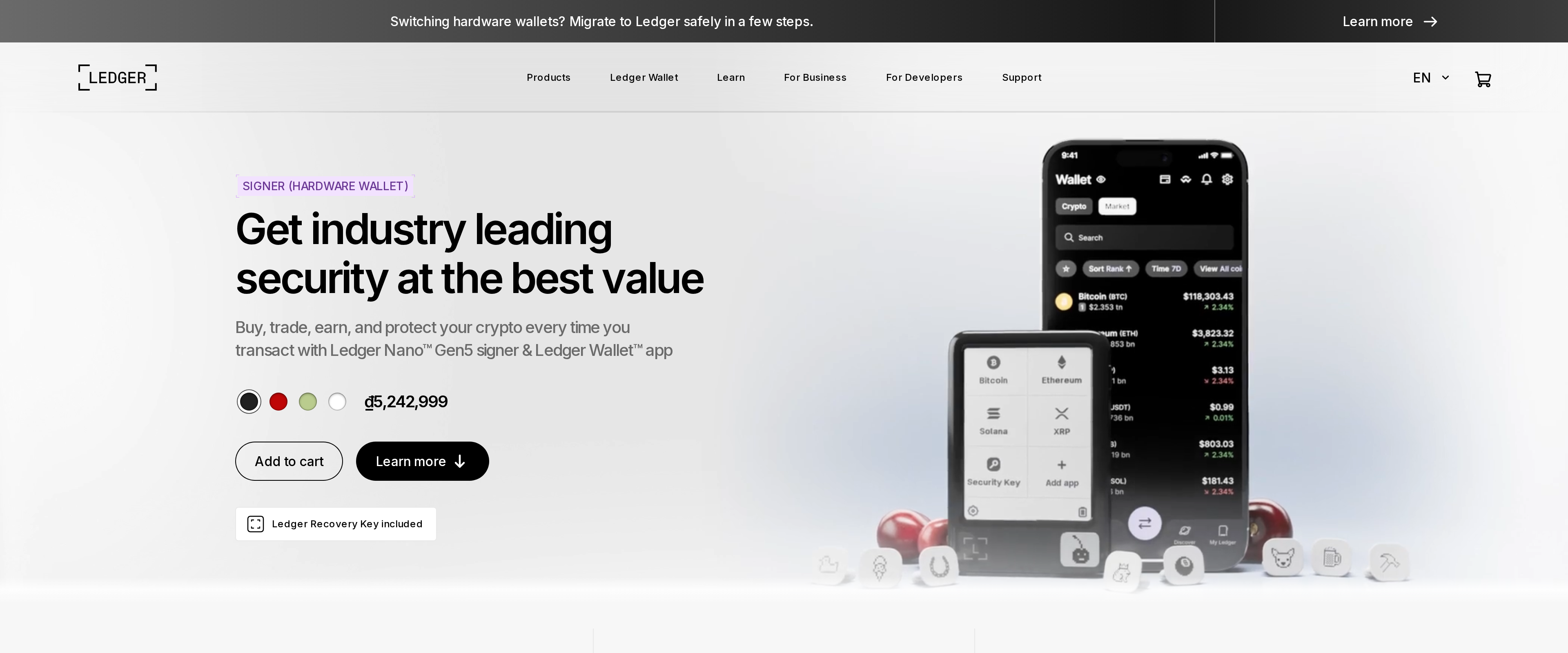 Ledger marketing page headline reading Get industry leading security at the best value, with a promotional video for the Nano Gen5 and Ledger Wallet app