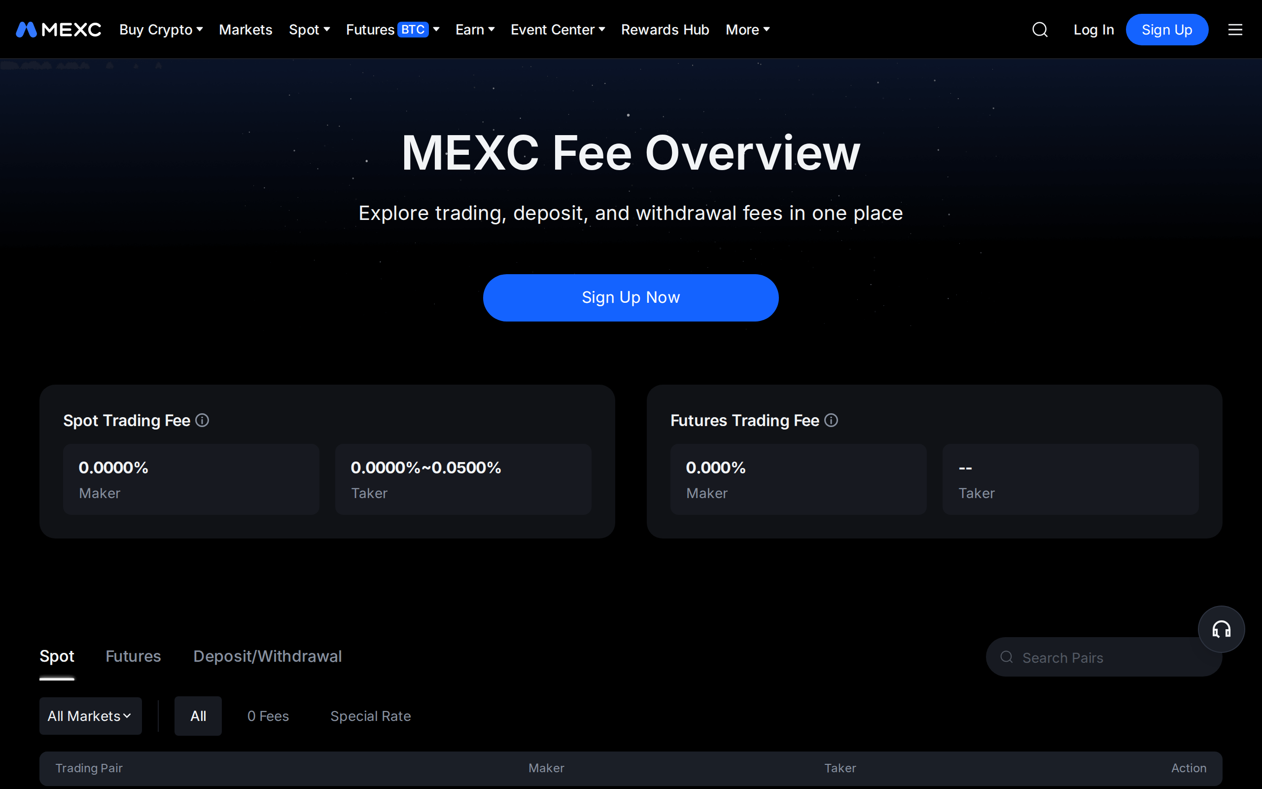 MEXC's fee overview page titled MEXC Fee Overview