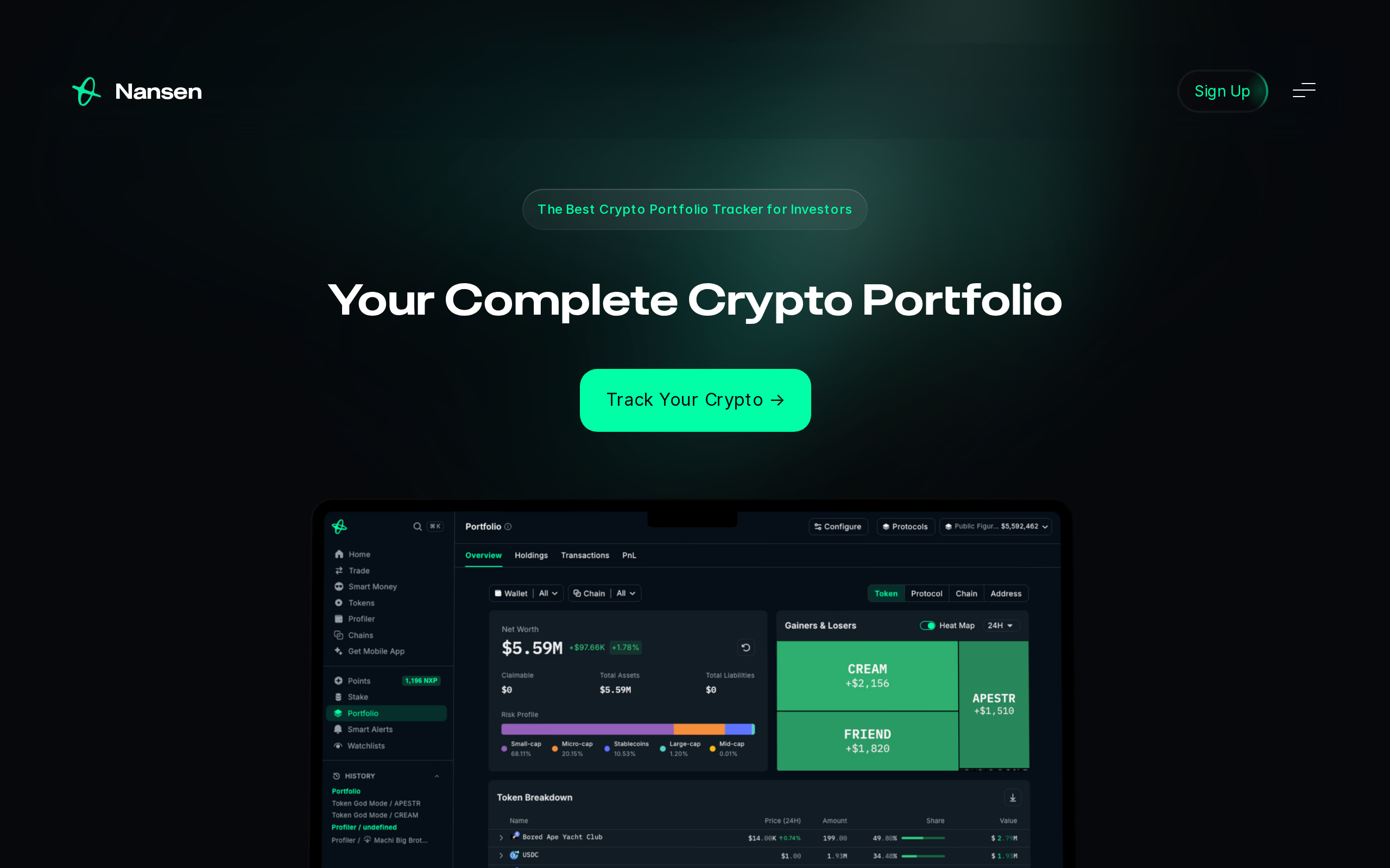 Nansen crypto portfolio tracker landing page showing multi-chain dashboard mockups