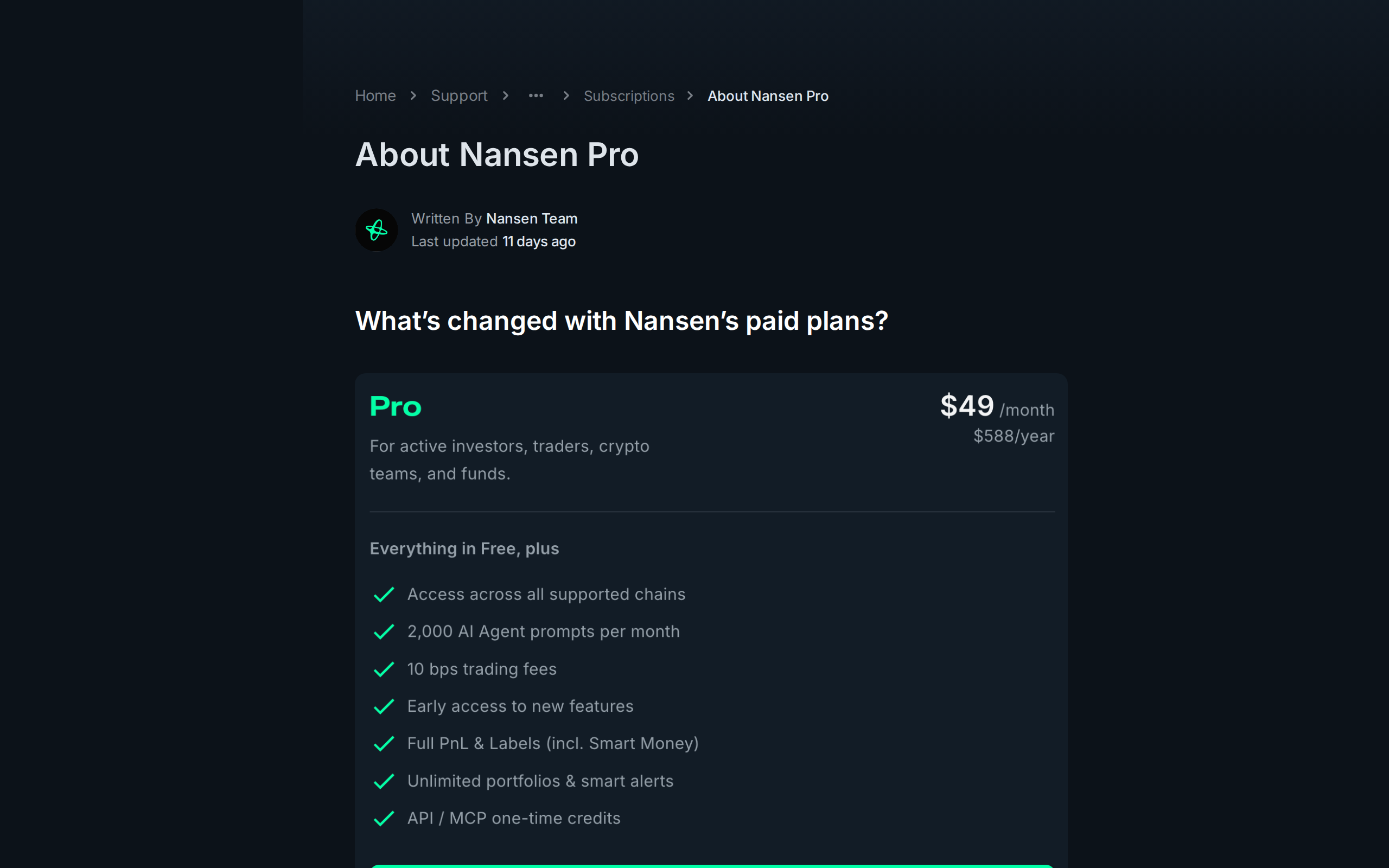 About Nansen Pro help center page explaining what changed with the paid plans