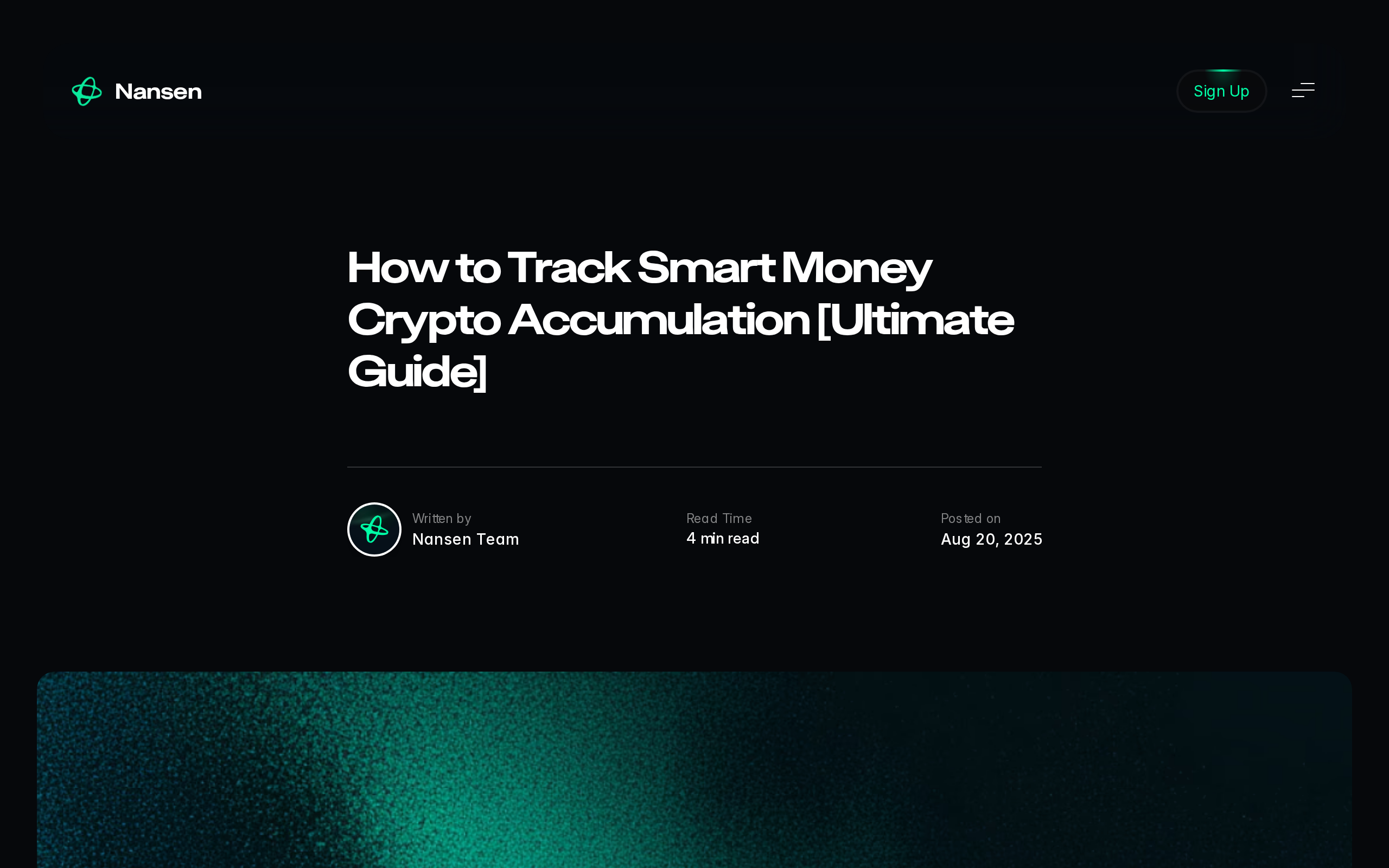 Nansen blog article on tracking smart money crypto accumulation, showing a chart canvas